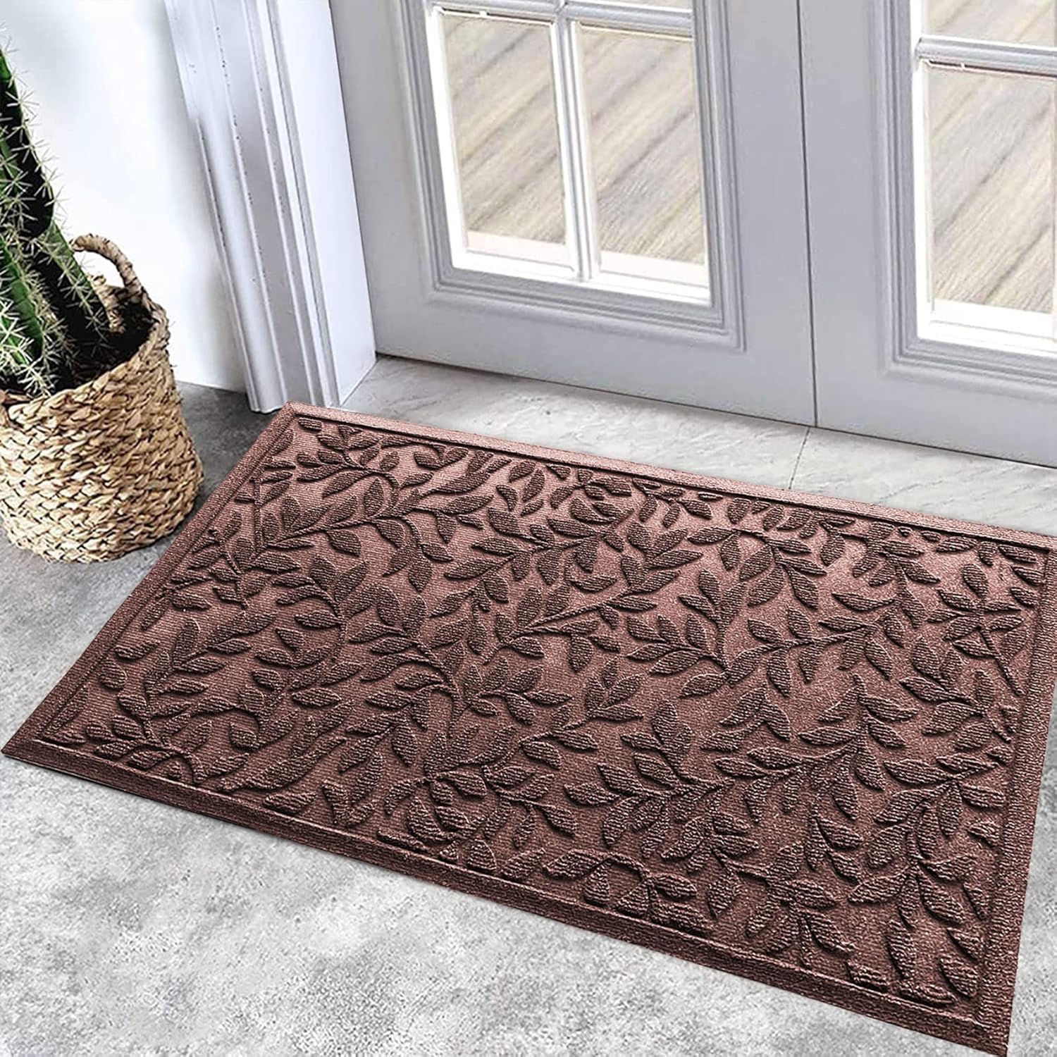 Bulijojo Outdoor Indoor Entrance Doormats,Durable Heavy Duty Welcome Mat,Thick Absorbent Natural Rubber Non Slip Mat,Easy Clean Entryway Rug Leaves Brown 23"x35"