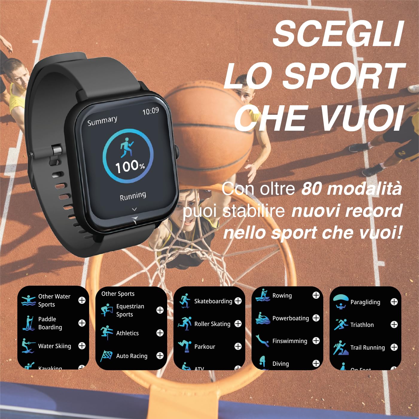 TECHMADE Smartwatch Glow, orologio digitale con pochetta incluso, schermo rettangolare full touch, chiamate, notifiche, funzione SOS, sport, compatibile con IOS e android (NERO)