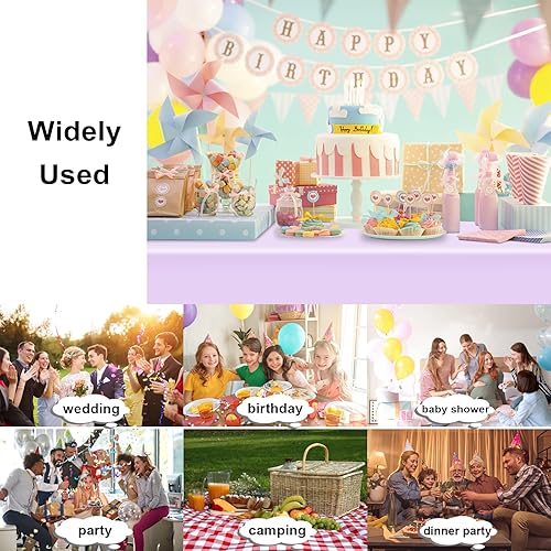 Miniatura 5 de Paquete de 3 manteles desechables de plástico color morado claro, rectangulares de plástico lavanda para fiestas, 54 x 108 pulgadas, mantel