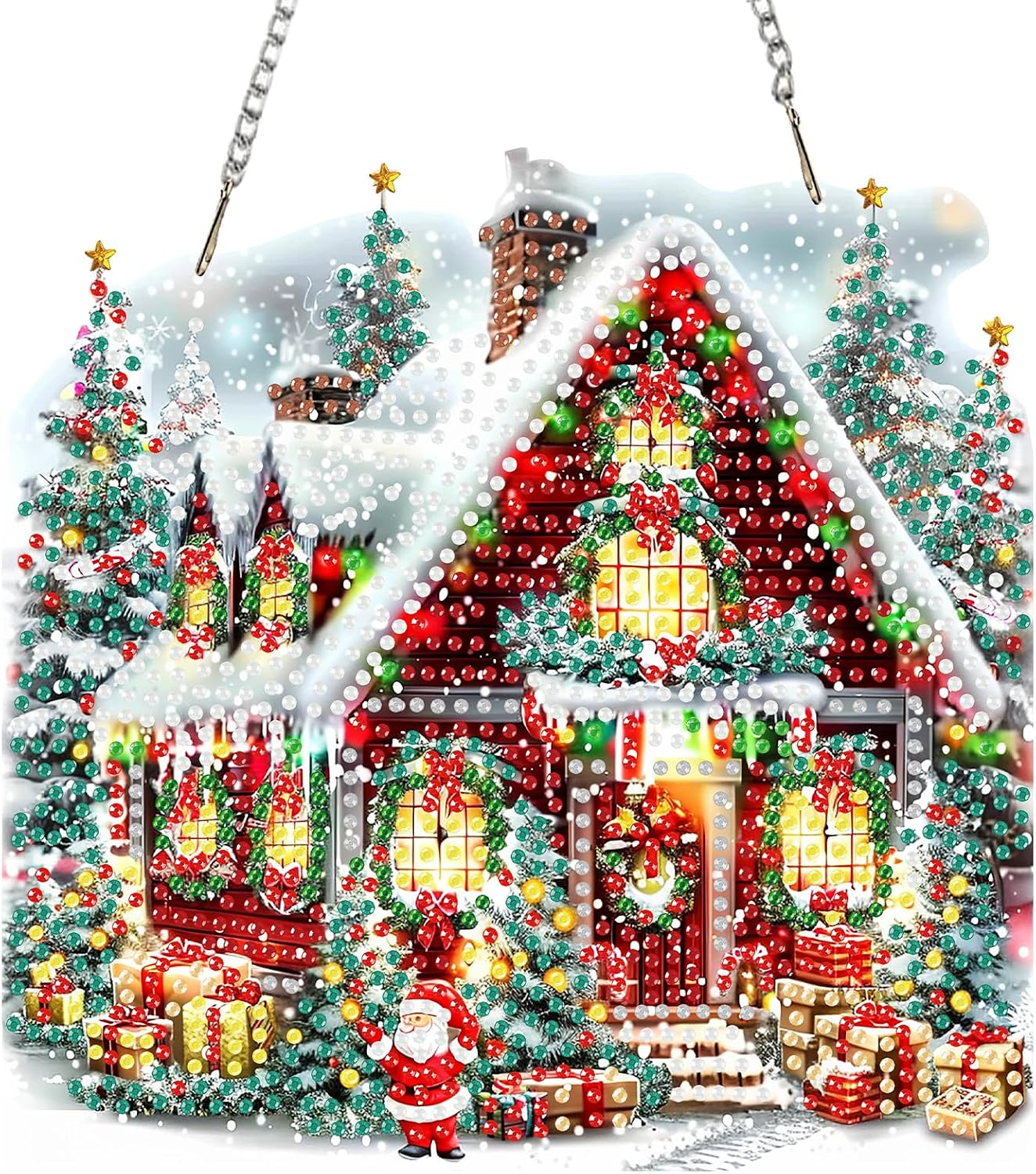 SENQAO Christmas Diamond Art Hanging Kits for Adults, Christmas Tree House Diamond Art Suncatchers, 5D Special Shape Diamond Painting Pendant Window Ornament Gifts for Home Door Wall Decor