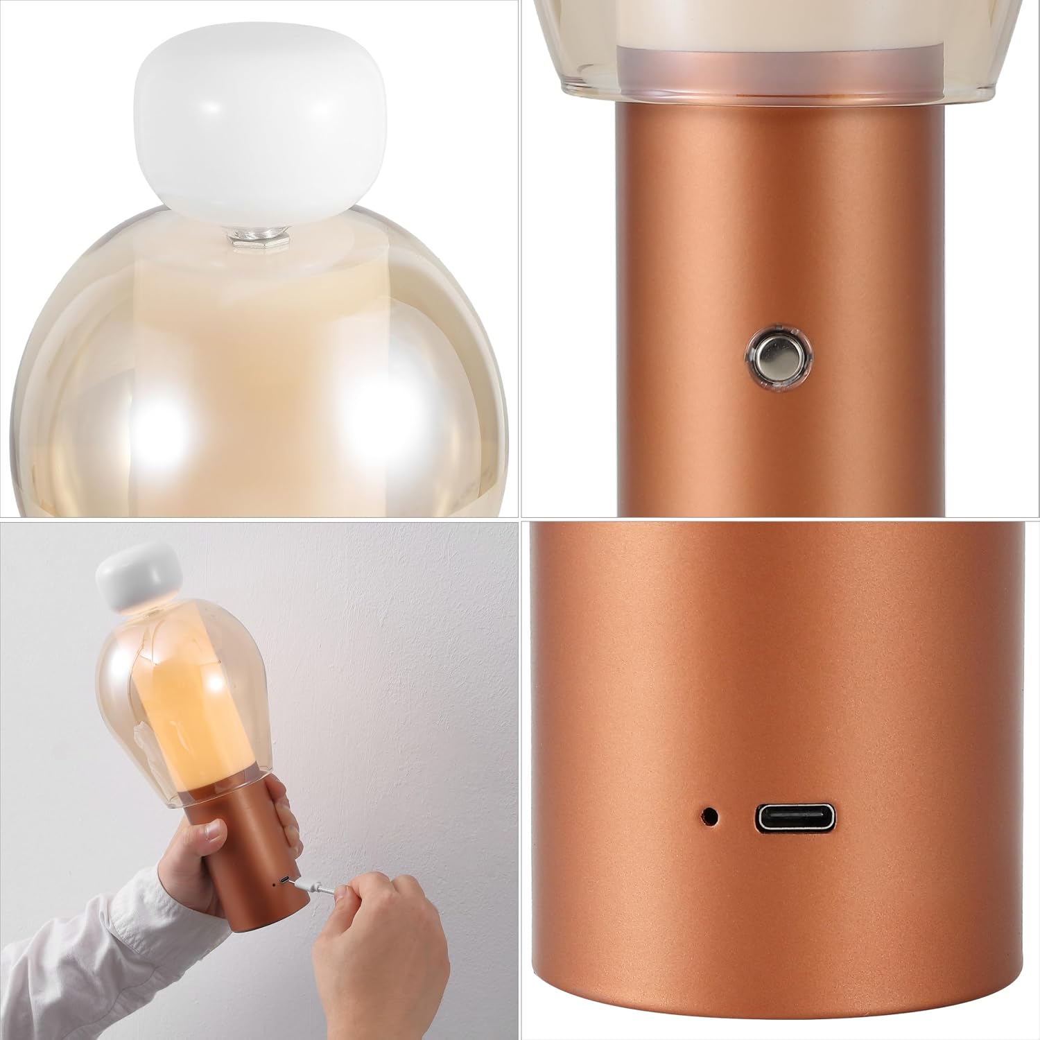 JONATHAN Y 10.75" White/Cooper Modern Glam Rechargeable Cordless LED Lamp, Dimmable Touch Sensor Accent Light for Living Room, Amber Glass Shade JYL7161A