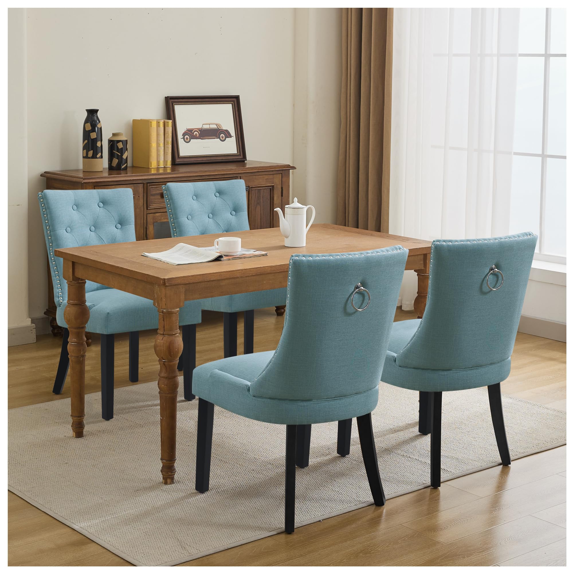 UDAX Upholstered Tufted Dining Chairs Set of 4, Fabric Side Dining Room Chairs with Nailhead Back Ring Pull Trim Solid Wood Legs, Blue