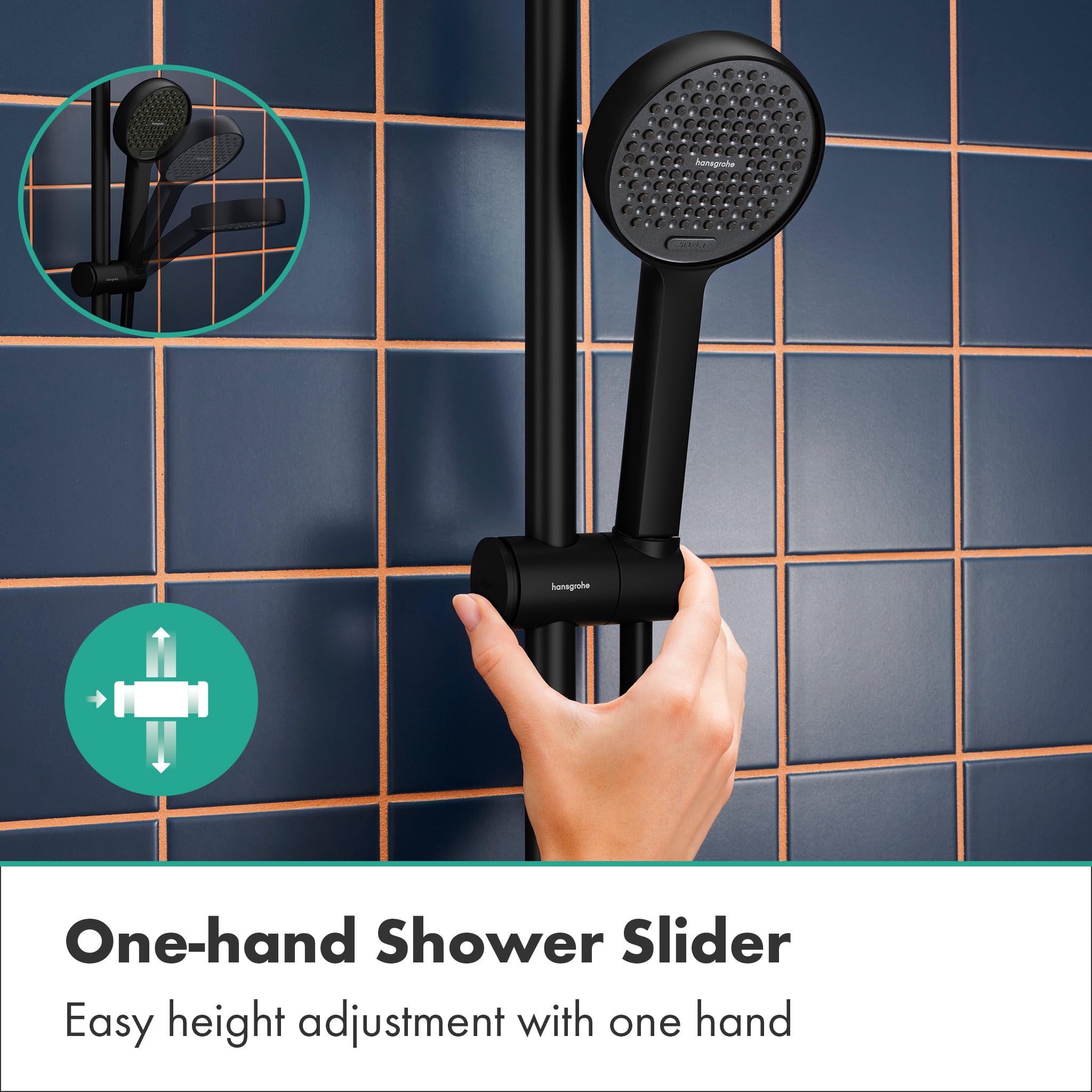 hansgrohe Activera Q - Colonna doccia senza miscelatore (EcoSmart), Sistema doccia con deviatore, soffione (290 x 180 mm), doccetta, tubo e asta, nero opaco, 28757670