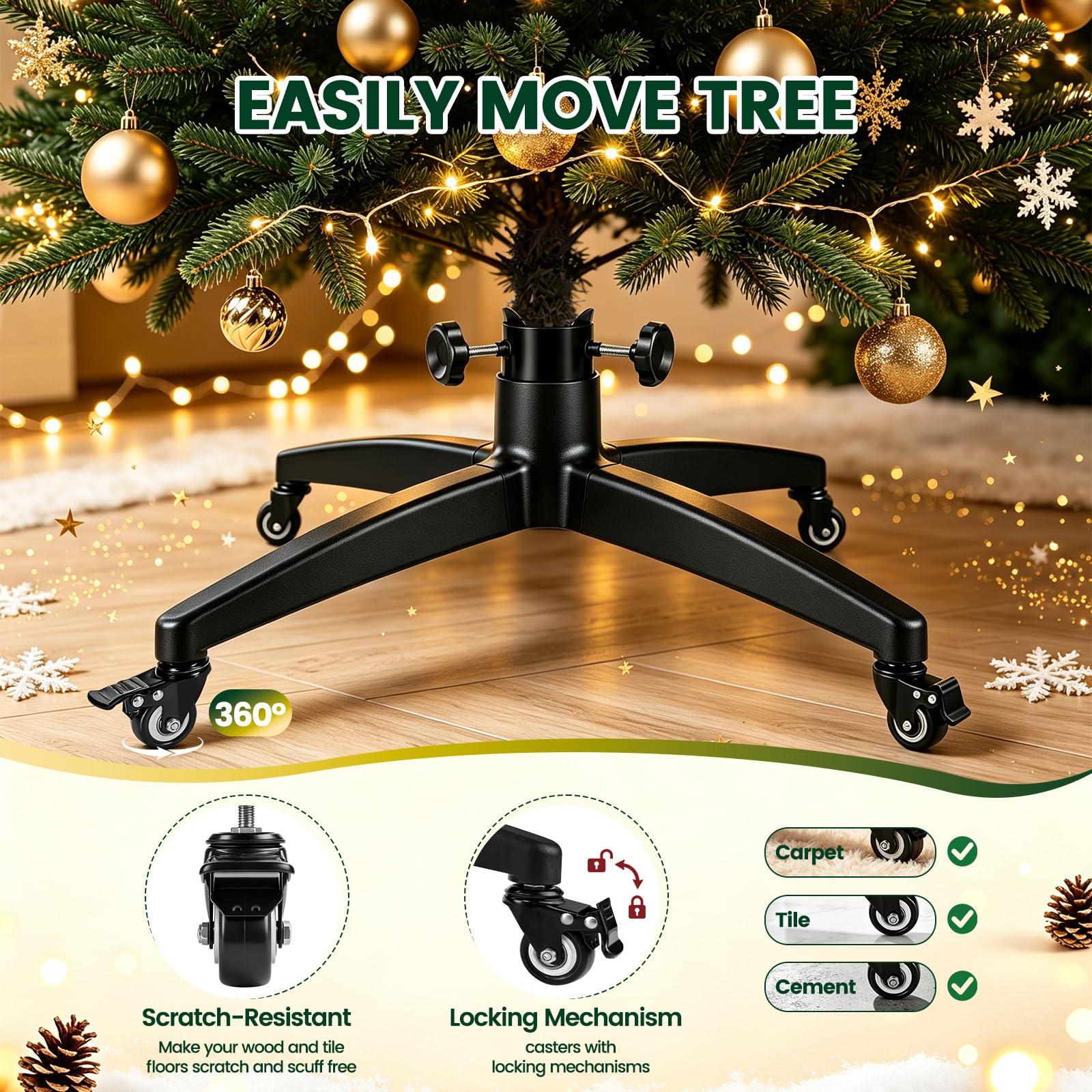Base de repuesto para árbol de Navidad artificial rodante con ruedas, soporte universal resistente para árbol de Navidad de hasta 7.5 pies
