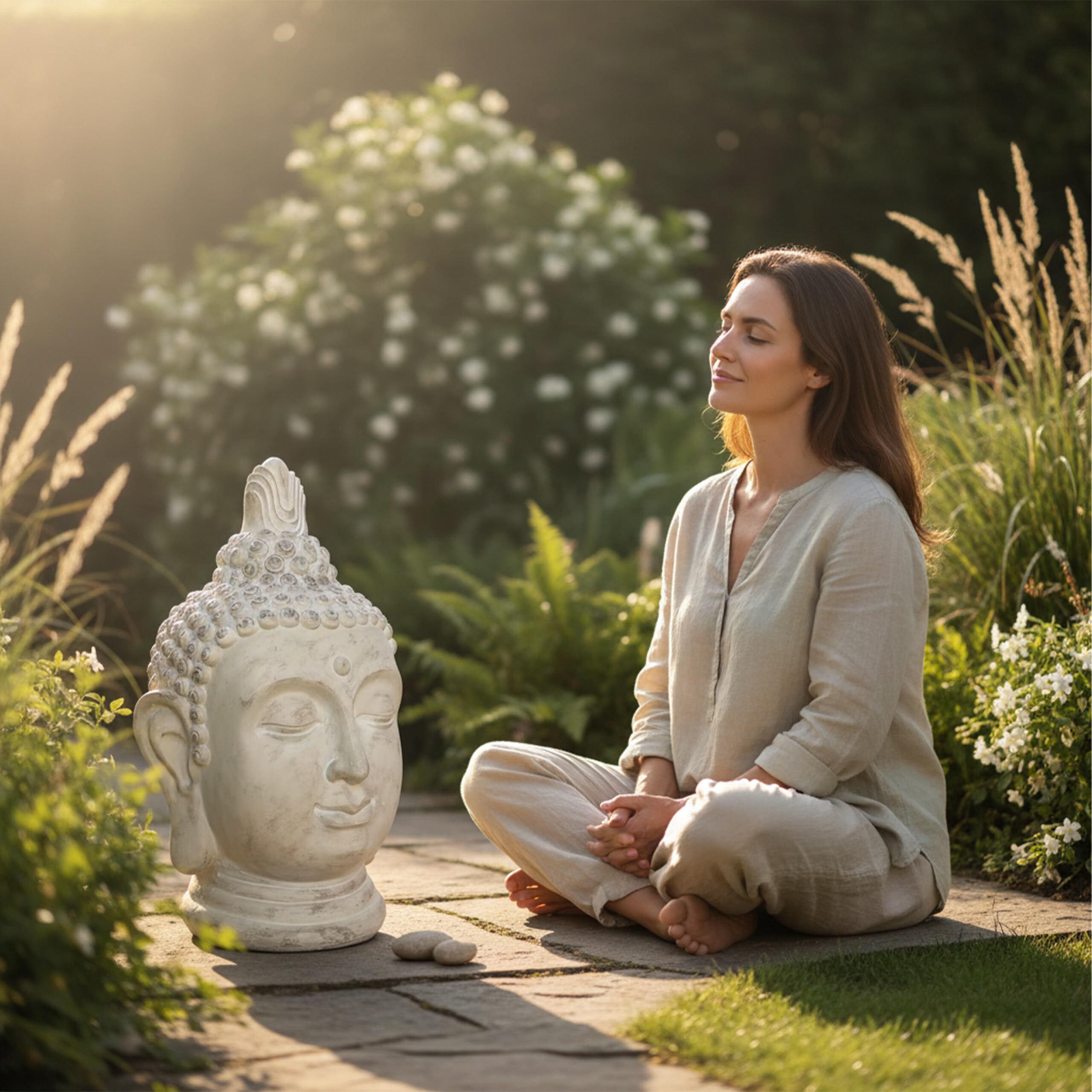 Relaxdays Cabeza de Buda XXL, decoración Zen Resistente a la Intemperie, 78x45x39 cm, Beige
