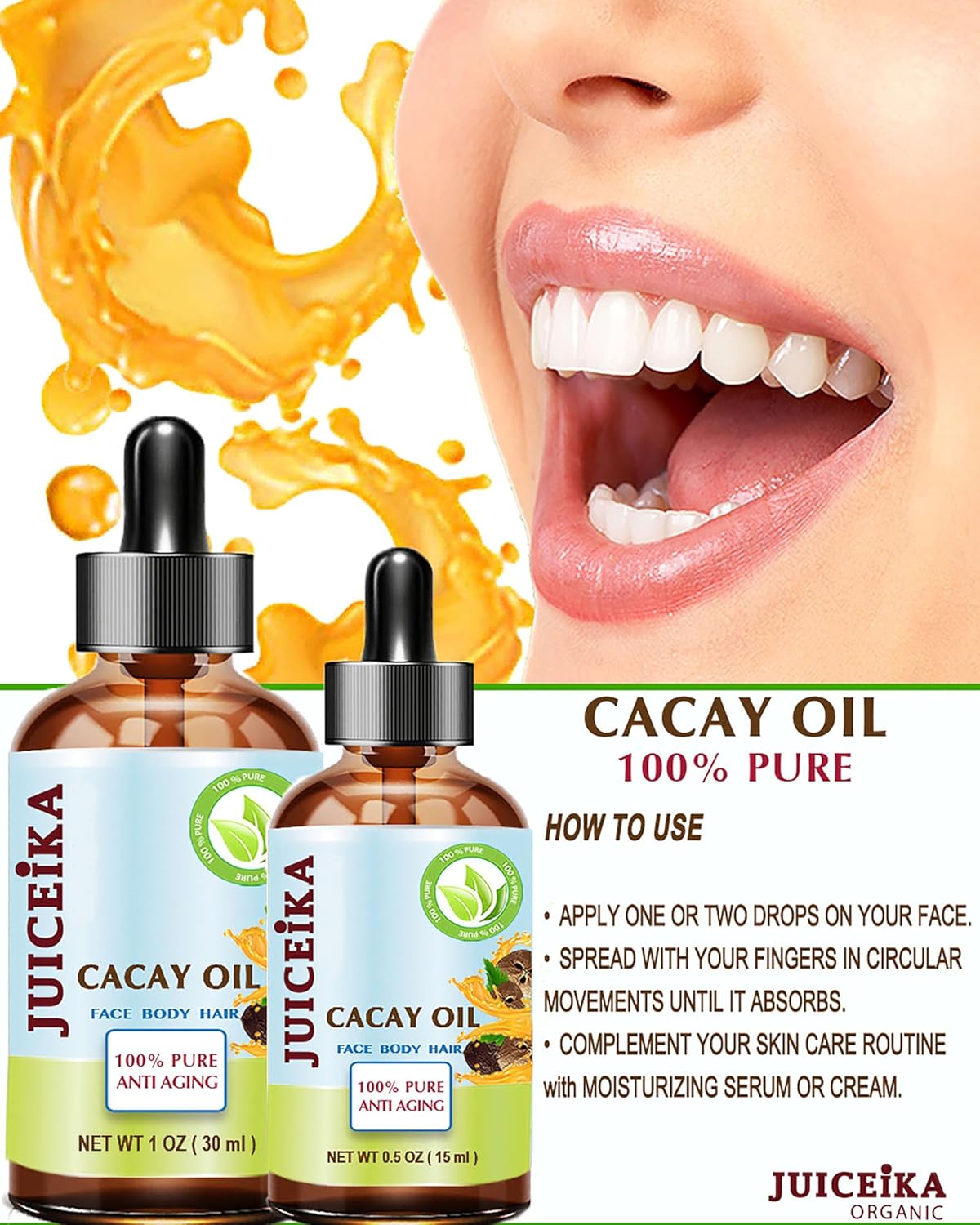 CACAY OIL 100% Pure Natural Virgin Unrefined Cold-Pressed Carrier Oil 1 Fl oz 30 ml For Face, Skin, Body, Hair, Lip, Nails