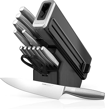 Ninja K62014 Foodi NeverDull Premium 14-Piece German Stainless Steel Knife System with Built-in Sharpener, Stainless Steel/Black | Stays razor-sharp 10+ years. German stainless steel blades & sleek finish. Few swipes of the foolproof sharpener restore edge