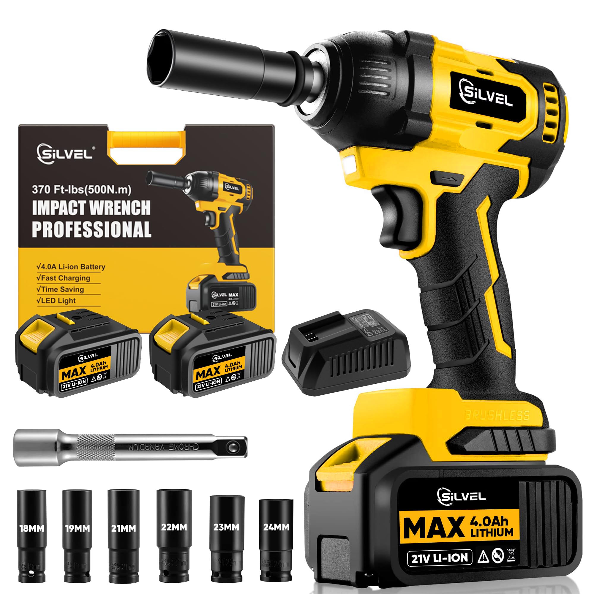 SILVELCordless Impact Wrench, 370 Ft-lbs (500N.m) Impact Gun 1/2 inch, 2 * 4.0Ah Battery Powered Brushless Impact Wrench with 6 Sockets, Fast Charger