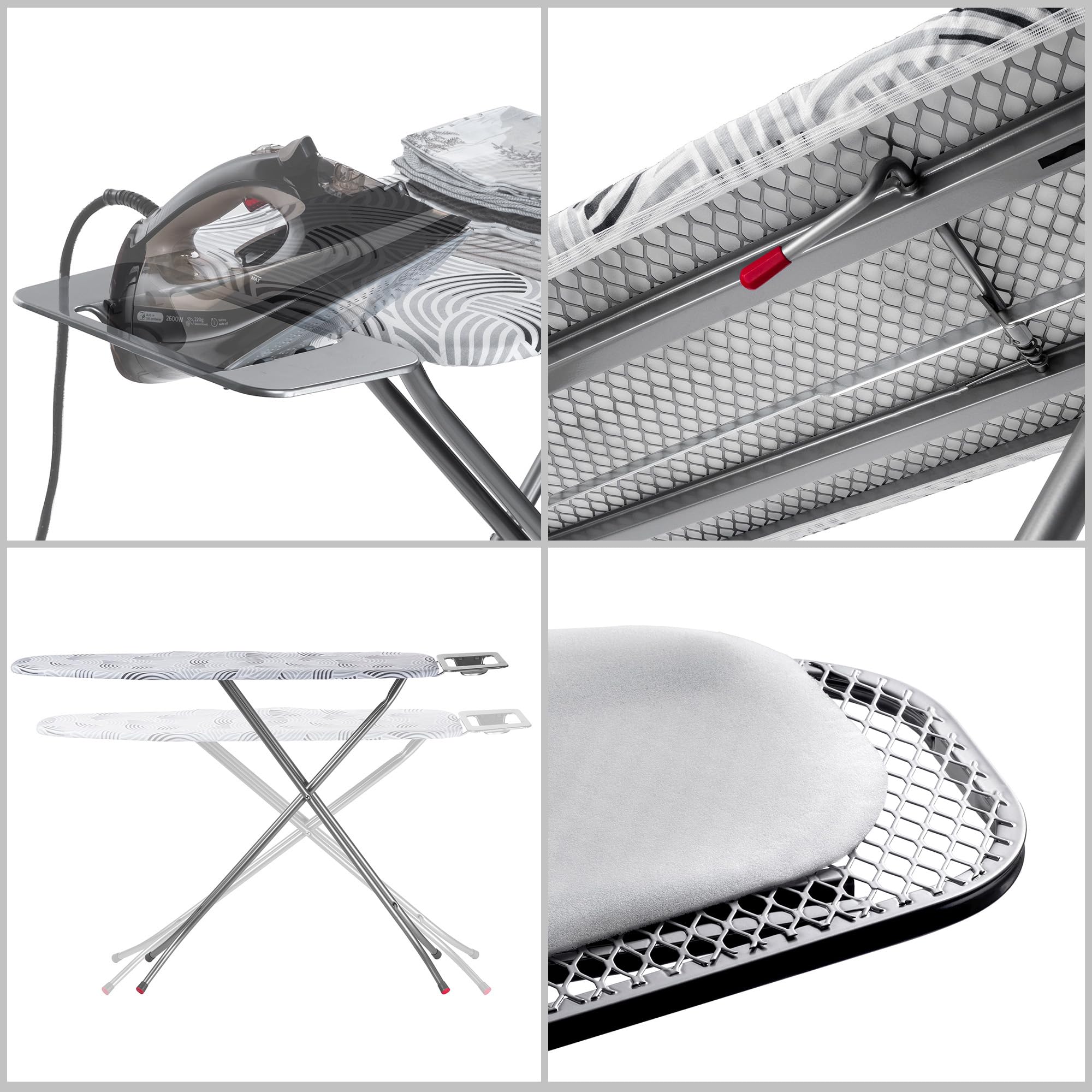 KADAX Deska do prasowania 114 x 34 cm do żelazek parowych z półką na żelazko i 5 mm podkładem, metalowa siatka odprowadza parę, antypoślizgowe stopki zapobiegają przesuwaniu
