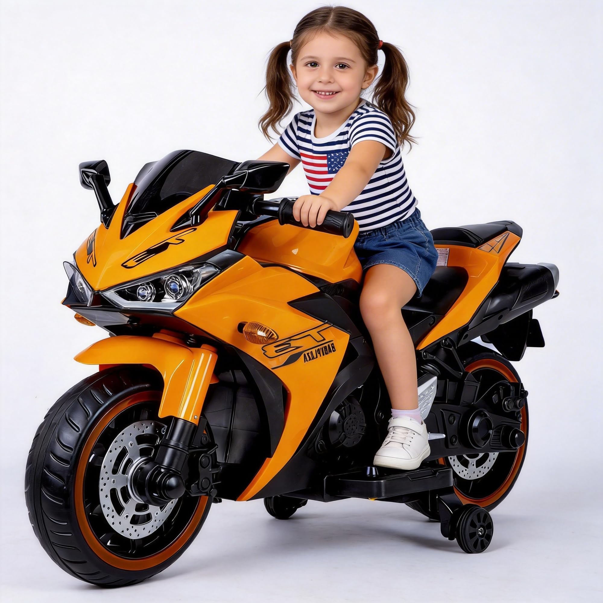 Moto elettrica per bambini, moto elettrica da 12 V, acceleratore manuale, mozzo ruota LED, funzione musicale, adatta per equitazione all'aperto, età 3-6 anni (arancione + plastica + 22,7-45 kg)
