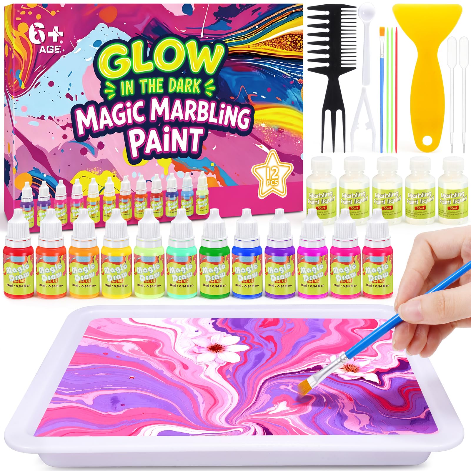 Hapikids Arts and Crafts for Kids Toys Age 6-9, Glow Water Marbling Paint for Kids Toys for 7-12 Year Old Girls Boys 6 7 8 9 10 Year Old Girls Gifts Crafts for Kid Creative Painting Birthday Presents