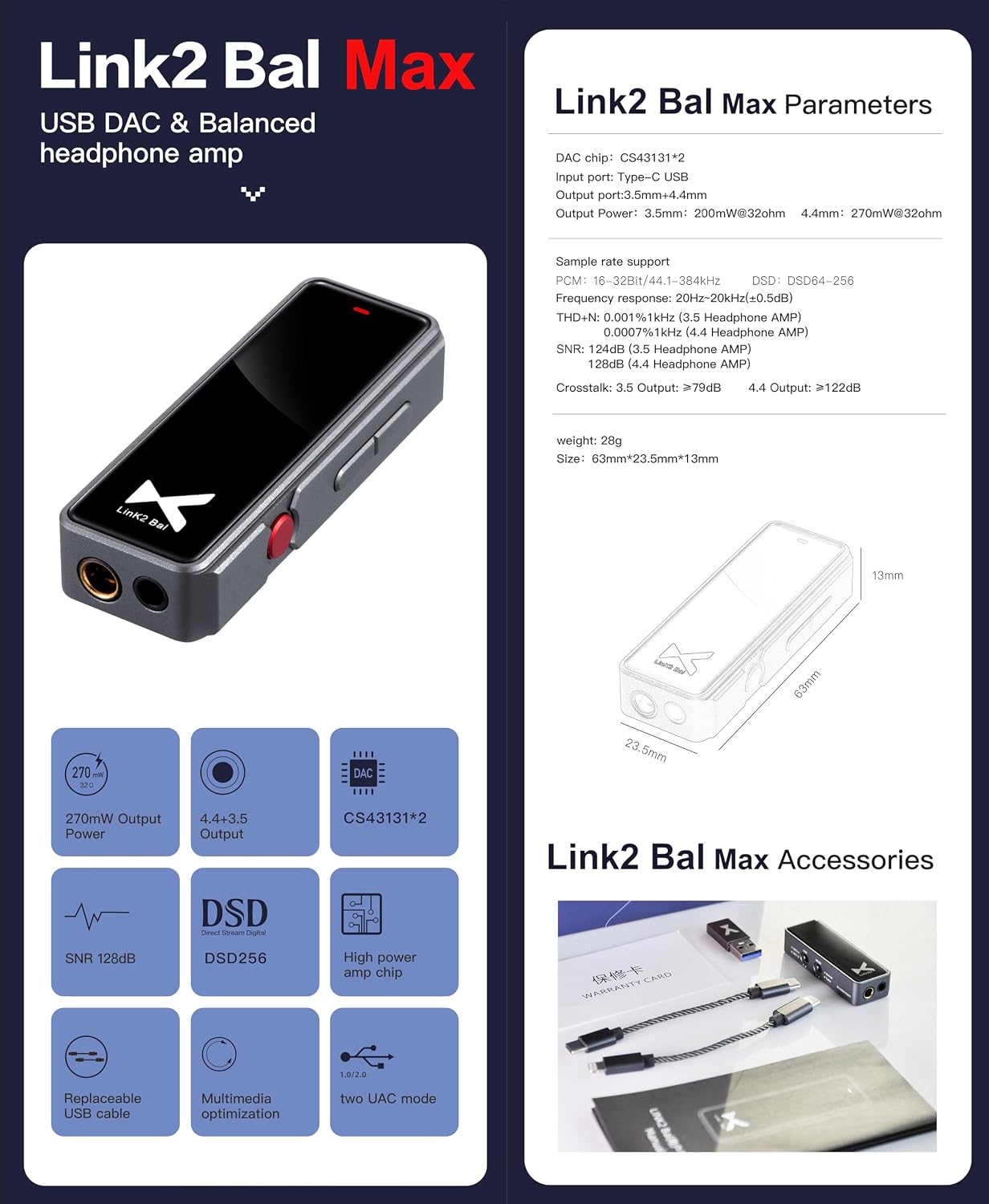 xDuoo Link2 Bal Max Portable Balanced DAC Headphone Amp - 4.4+3.5 Output 270mW Output Power Supports up to PCM 32bit/384kHz DSD256 UAC Mode 1.0/2.0