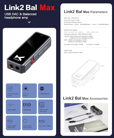 xDuoo Link2 Bal Max Portable Balanced DAC Headphone Amp - 4.4+3.5 Output 270mW Output Power Supports up to PCM 32bit/384kHz DSD256 UAC Mode 1.0/2.0