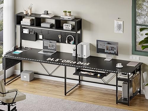 Miniatura 33 de SEDETA Escritorio en forma de L, escritorio de oficina de 94.5 pulgadas con toma de corriente y tablero de clavijas, escritorio en forma de L con