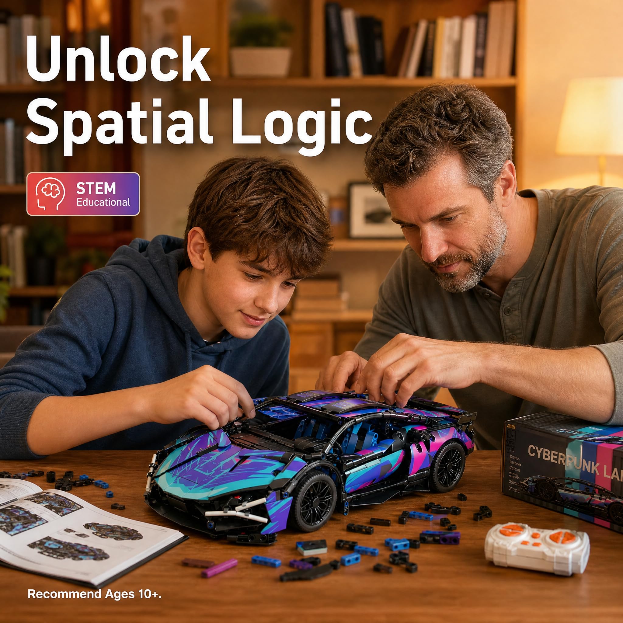 ferngesteuertes Auto, RC Auto, 1:14 mit LED Modell Bausatz | Auto-Kit mit 825 Teilen, LED-Lichtern, App-Play, und 2,4-GHz-Fernbedienung; gebaut für Familienbau, Indoor-Fahren, Display