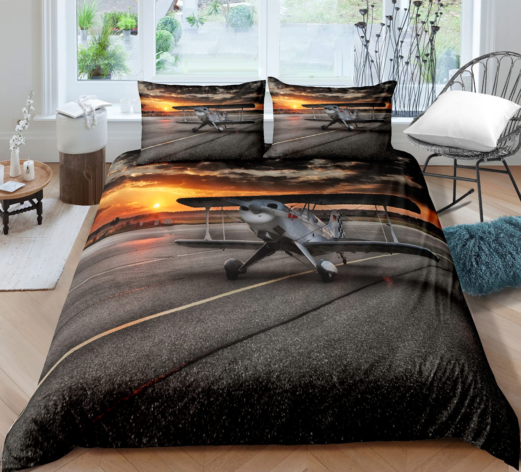 Jingzhang Aircraft Duvet Cover Flying Plane Bedding Set for Kids Boys Girls Children Airplane Print Comforter Cover Ultra Soft Decor Bedspread Cover