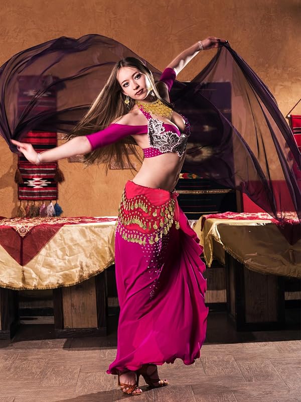 Hicarer Belly Dance Hip Scarf for Women Gypsy Costume Set Hip Skirt Gold Necklace and Earrings Dance Outfit Accessories(Rose Red) by Hicarer - Image 11