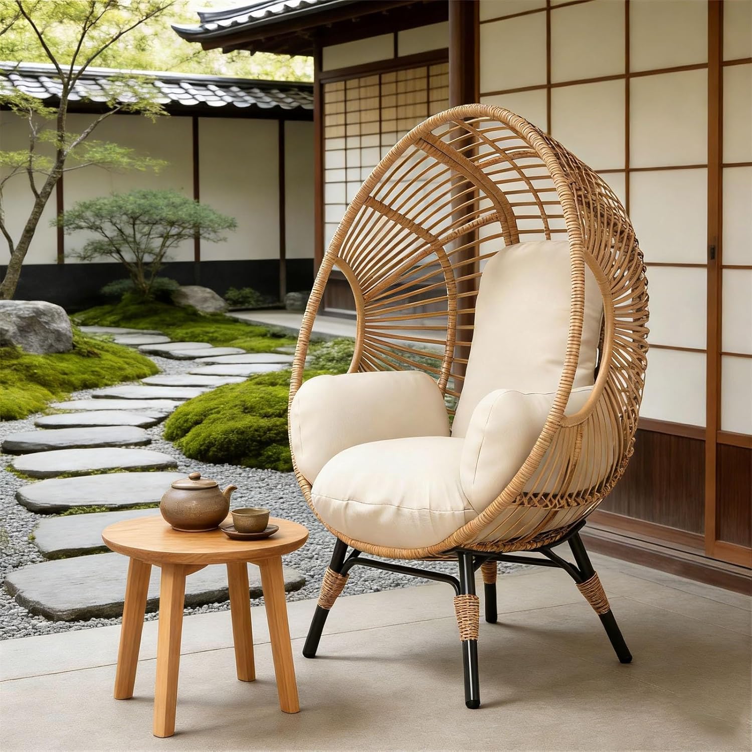 Egg Chair Wicker Design, Indoor Outdoor Use with Removable Washable Cover, 400lbs Weight Capacity, Comfortable Balcony Chairs(Black+Gray)