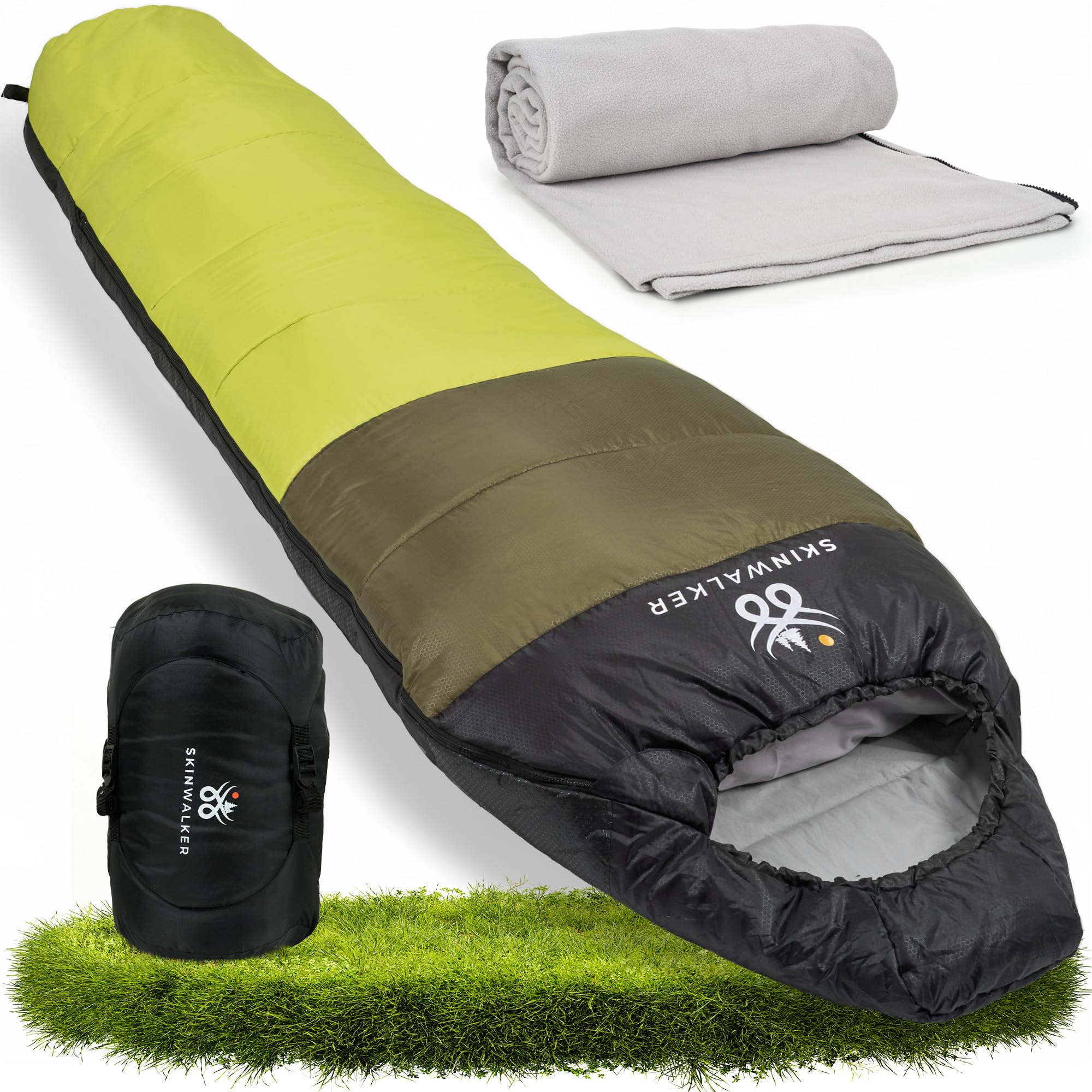 SKINWALKER Saco de dormir para 3 – 4 estaciones con [forro polar interior extraíble] para invierno y verano [tamaño pequeño del paquete] saco de dormir momia impermeable para exterior y camping saco