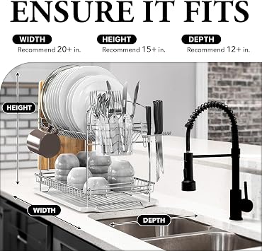 Simple Houseware 2-Tier Stainless Steel Dish Rack with Drainboard, Chrome for Kitchen