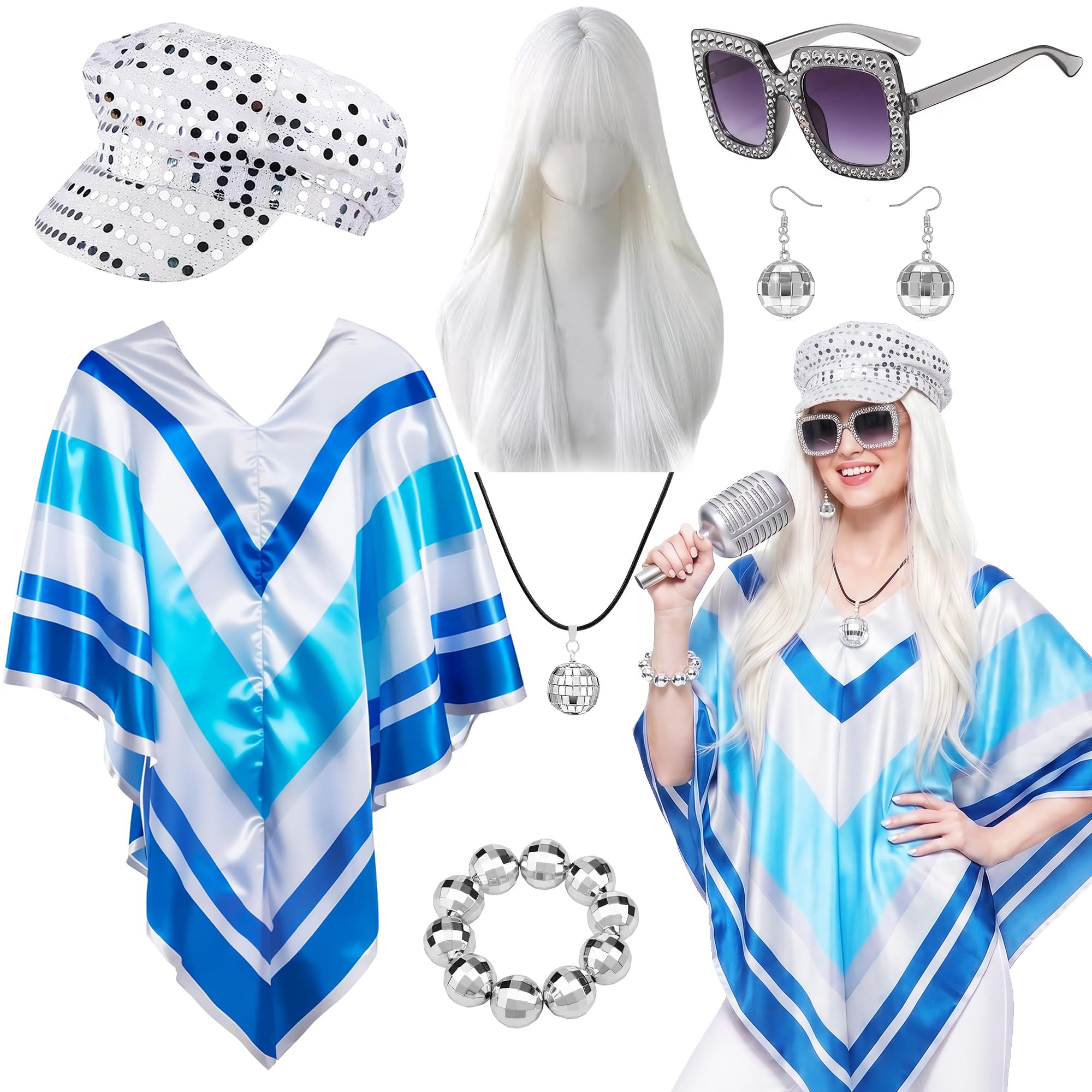 iSharely 7PCS Abba Disco Costume for Women, 1970s Fancy Dress Outfit Set with Disco Poncho Wig Hat Glasses Earrings Necklace & Bracelet for Retro 70s Theme Party Halloween Dance (Sliver)