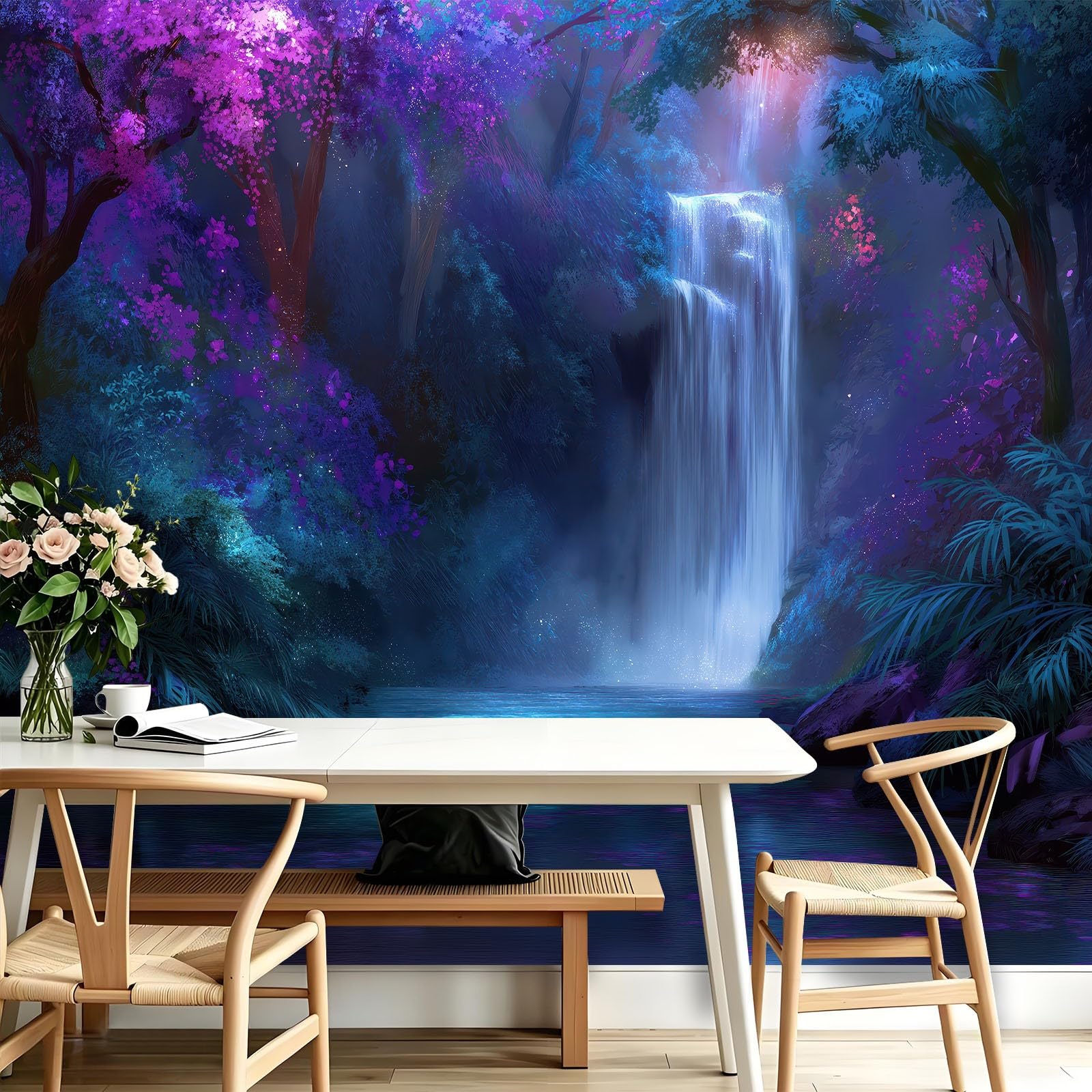Fototapeta z włókniny 3D, las fantasy, 350 x 256 cm, tapeta z bajki, wodospad, jezioro, duża tapeta ścienna do salonu, pokoju dziecięcego, dla dziewcząt i chłopców, dekoracja ścienna