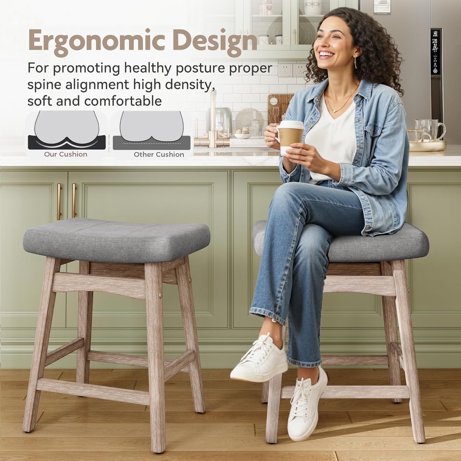 MAISON ARTS Counter Height Bar Stools Set of 4 for Kitchen Counter Solid Wood Legs with Fabric Saddle Seat Farmhouse Barstools for 34"-38" Counter Island Upholstered Stools, 24in, Grey Cushion