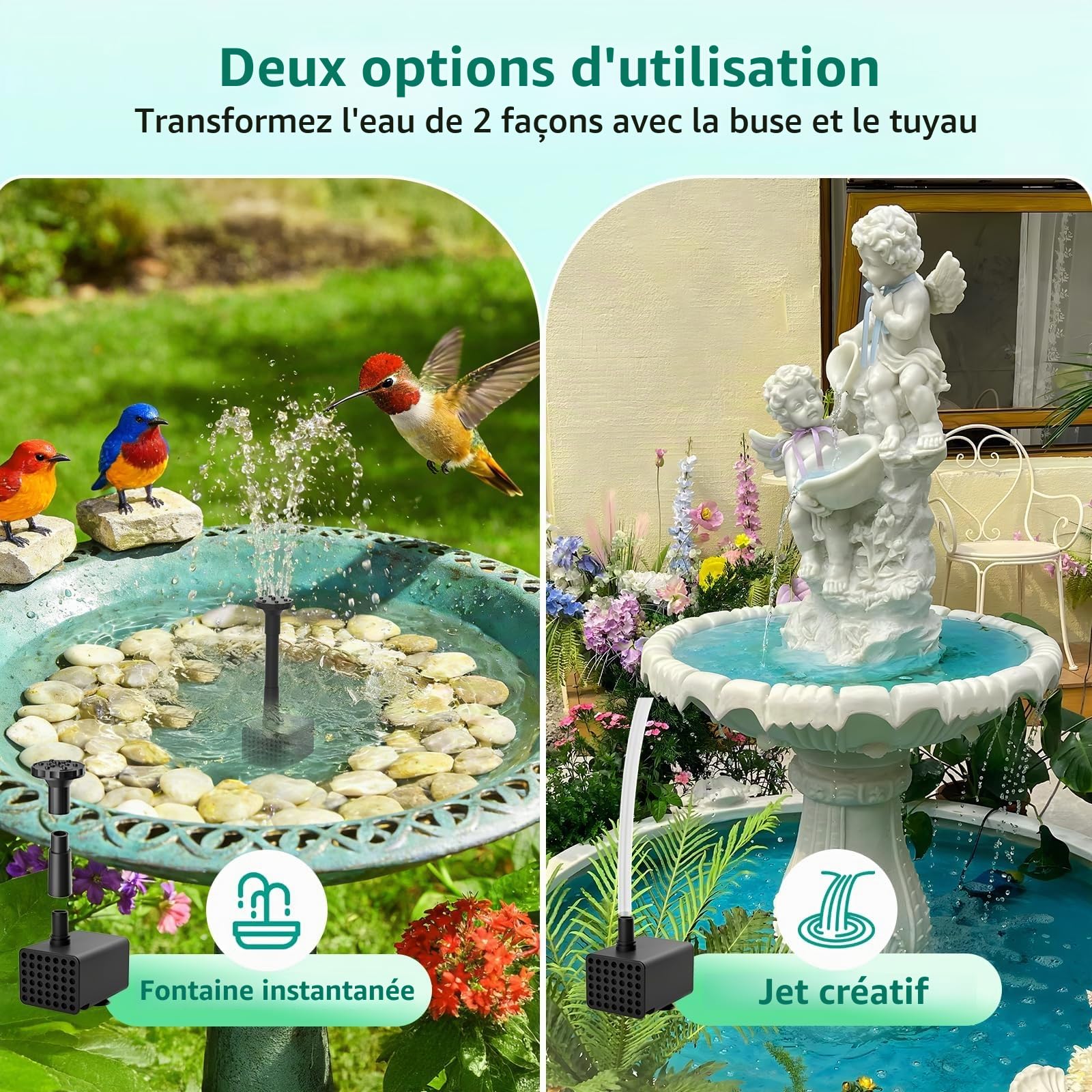 Pompe à Eau Solaire avec Batterie de Secours, 4 W, Batterie 2000 mAh intégrée, câble 3 m, 5 Modes de pulvérisation, Tube PVC 1,2 m, Fontaine Bassin, Bain d'oiseau, aménagement Aquatique Jardin