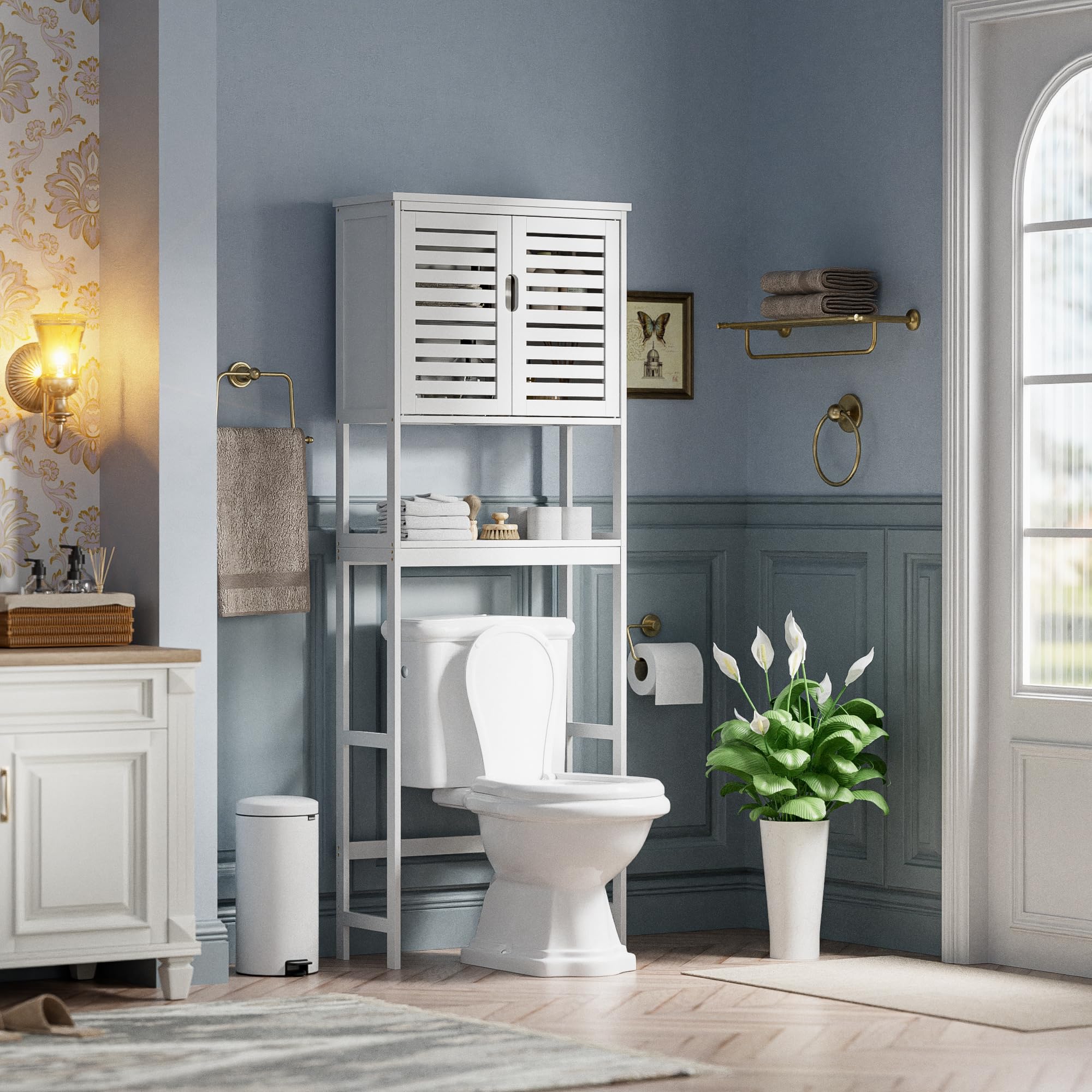 SMIBUY Contenitore salvaspazio sopra WC a 2 porte in bambù con ripiano interno regolabile e ripiano aperto indipendente (bianco), per Bagno
