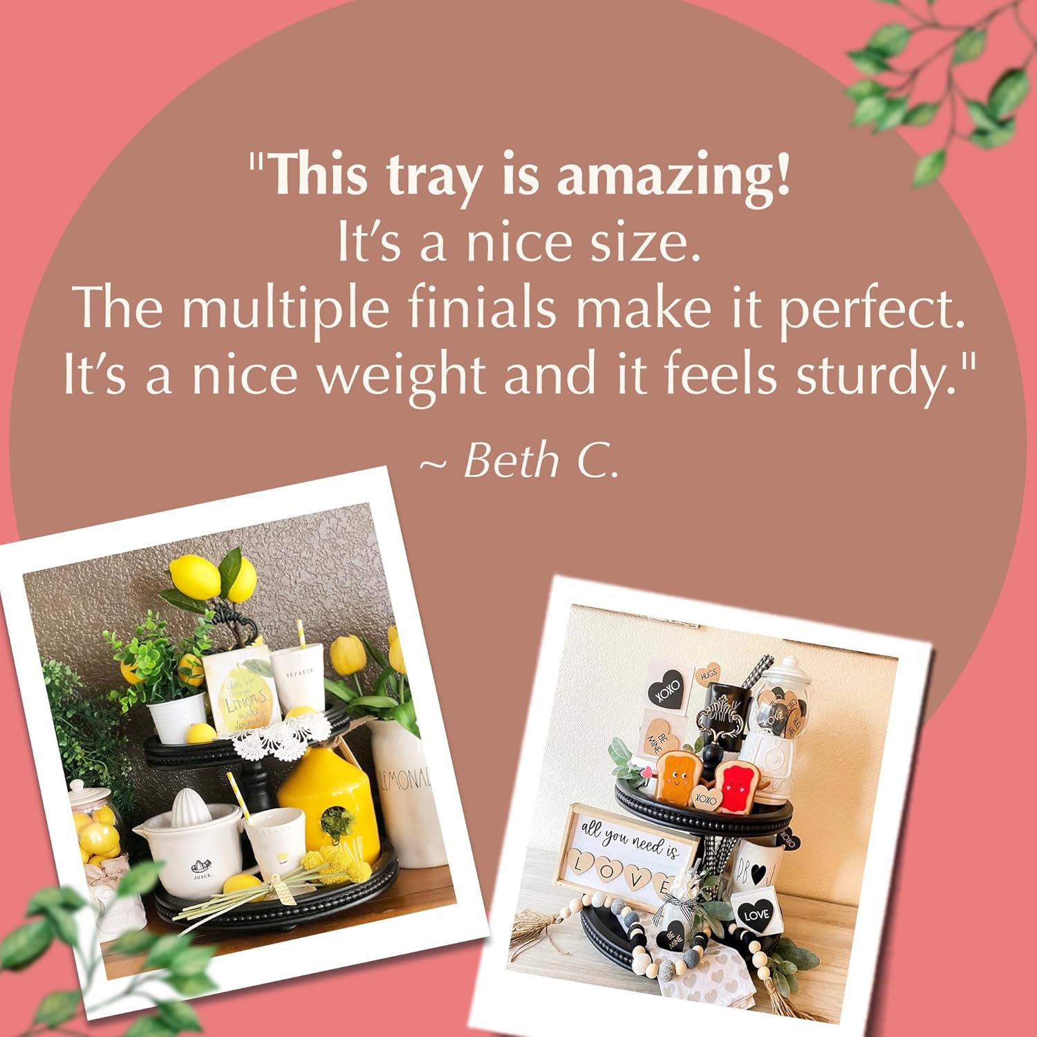 2 Tiered Tray Wooden Serving Stand by Felt Creative Home Goods. Small Beaded Tray for Home Decor Display Farmhouse Country Decoration Kitchen or Dining. Includes 3 Finial Custom Handles (Black)