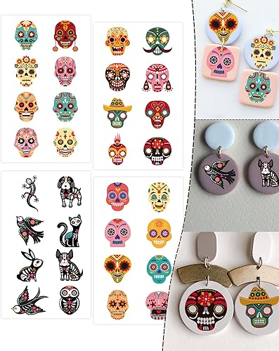 Puocaon Papel de transferencia de arcilla polimérica  4 diseños, 20 hojas de transferencia del día de los muertos para arcilla polimérica, hojas de