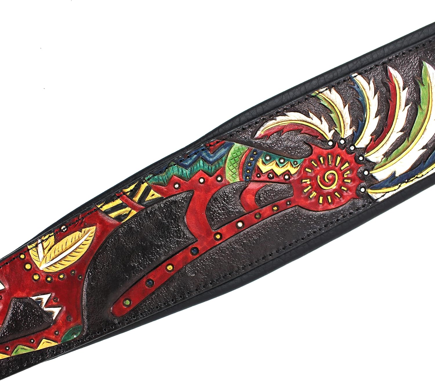 Walker And Williams KB-56-BLK Handmade 3" Wide Black Padded Guitar Strap With Carved Red Kokopelli Design On Premium Black Leather For Acoustic, Electric, And Bass Guitars