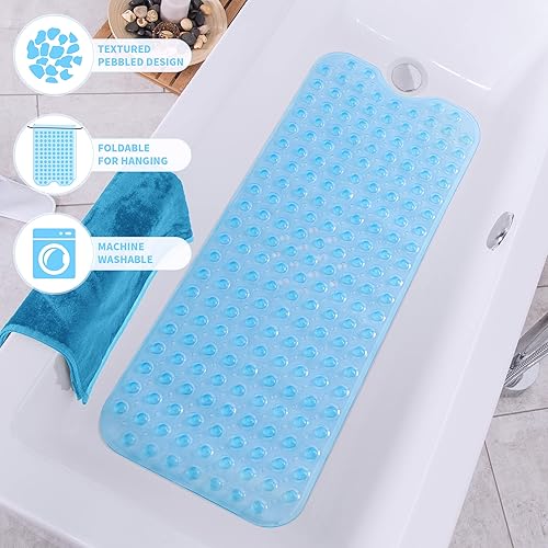Miniatura 6 de ROSMARUS Tapete de ducha extra largo de 16 x 39 pulgadas, antideslizante, para bañera con ventosas y agujeros de drenaje, tapete de bañera para