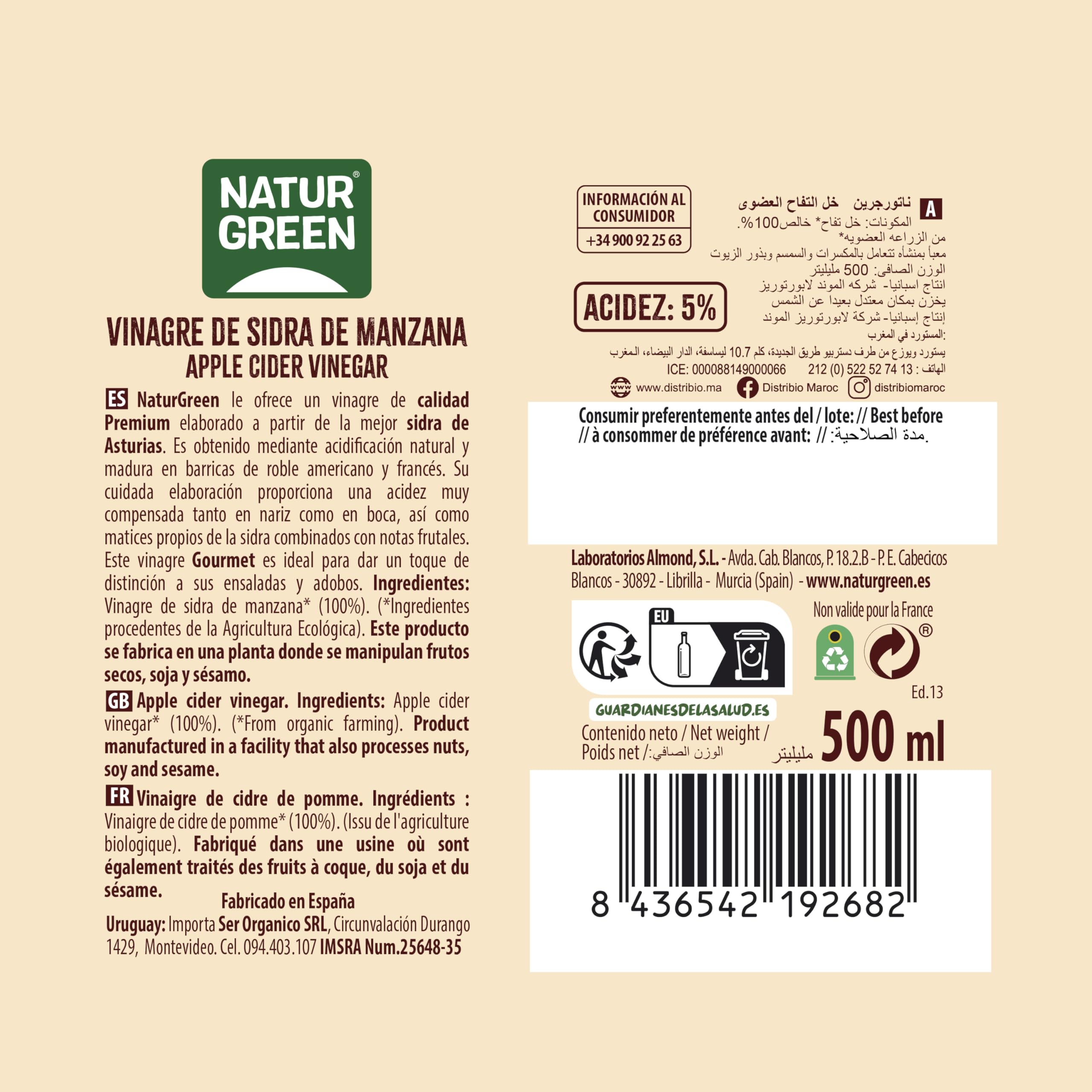 NaturGreen Vinagre de Sidra de Manzana Bio Ecológico 6% 500 ml
