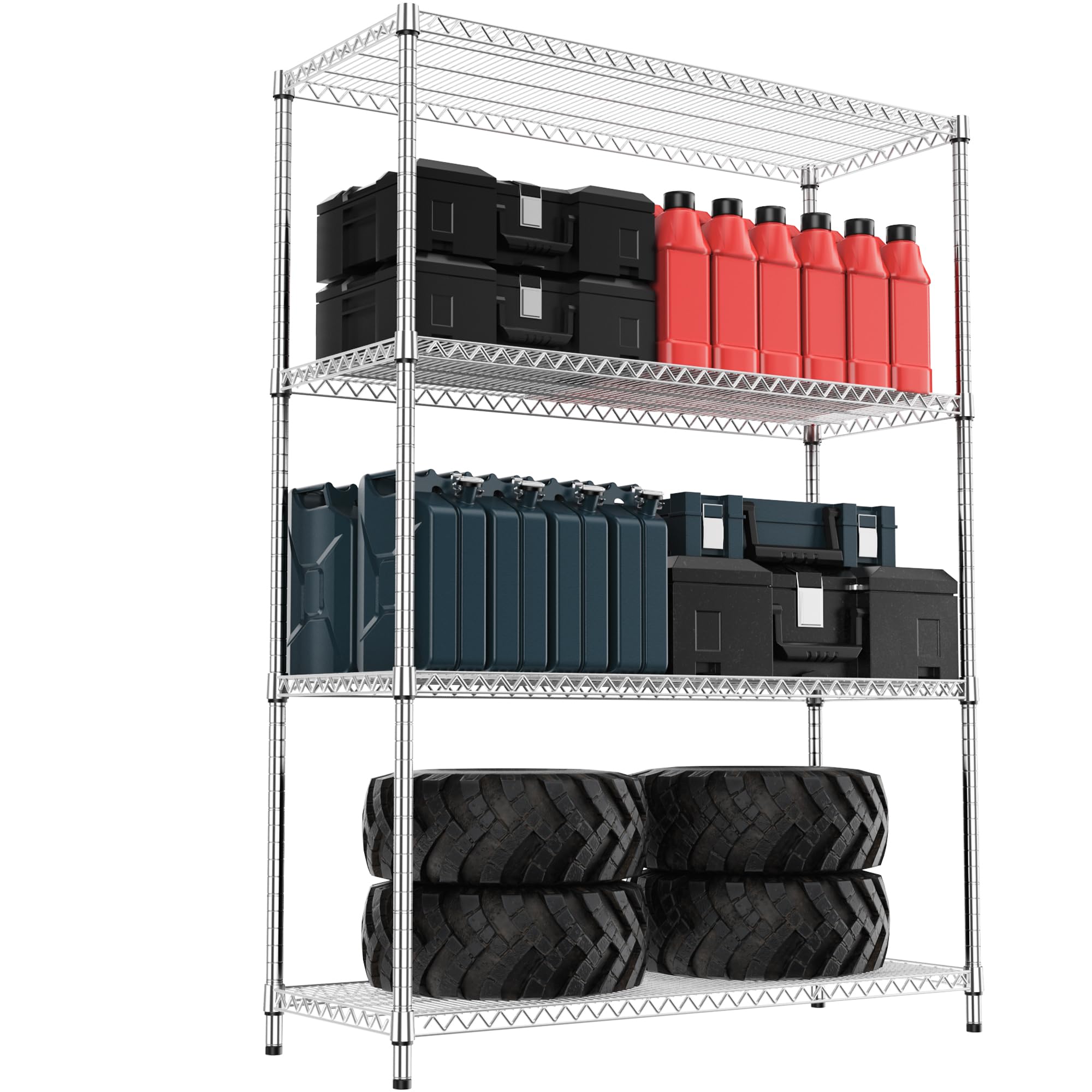 M MZG Shelf 4 Tier Sturdy Metal Narrow Storage Shelves Utility Shelving with Adjustable Leveling Feet Pantry Laundry Kitchen Garage Chrome 45 x 120 x 178.7cm