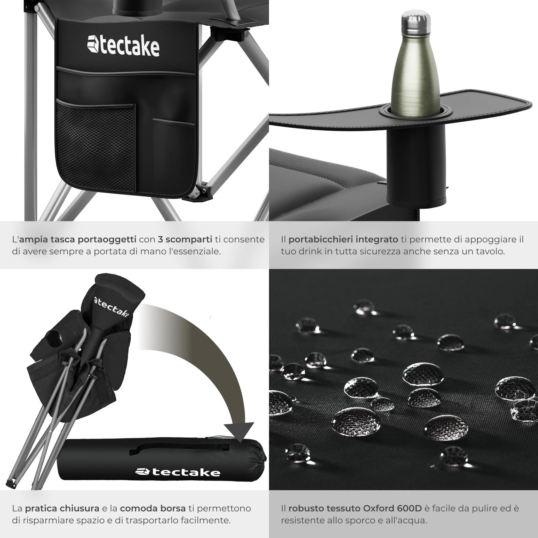 tectake® Sedia da Campeggio Imbottita, Pieghevole, Portabicchieri, Tessuto Oxford 600D Idrorepellente, Struttura in Acciaio, Piedini Antiscivolo e Antigraffio, Tasca Laterale, Borsa per il Trasporto