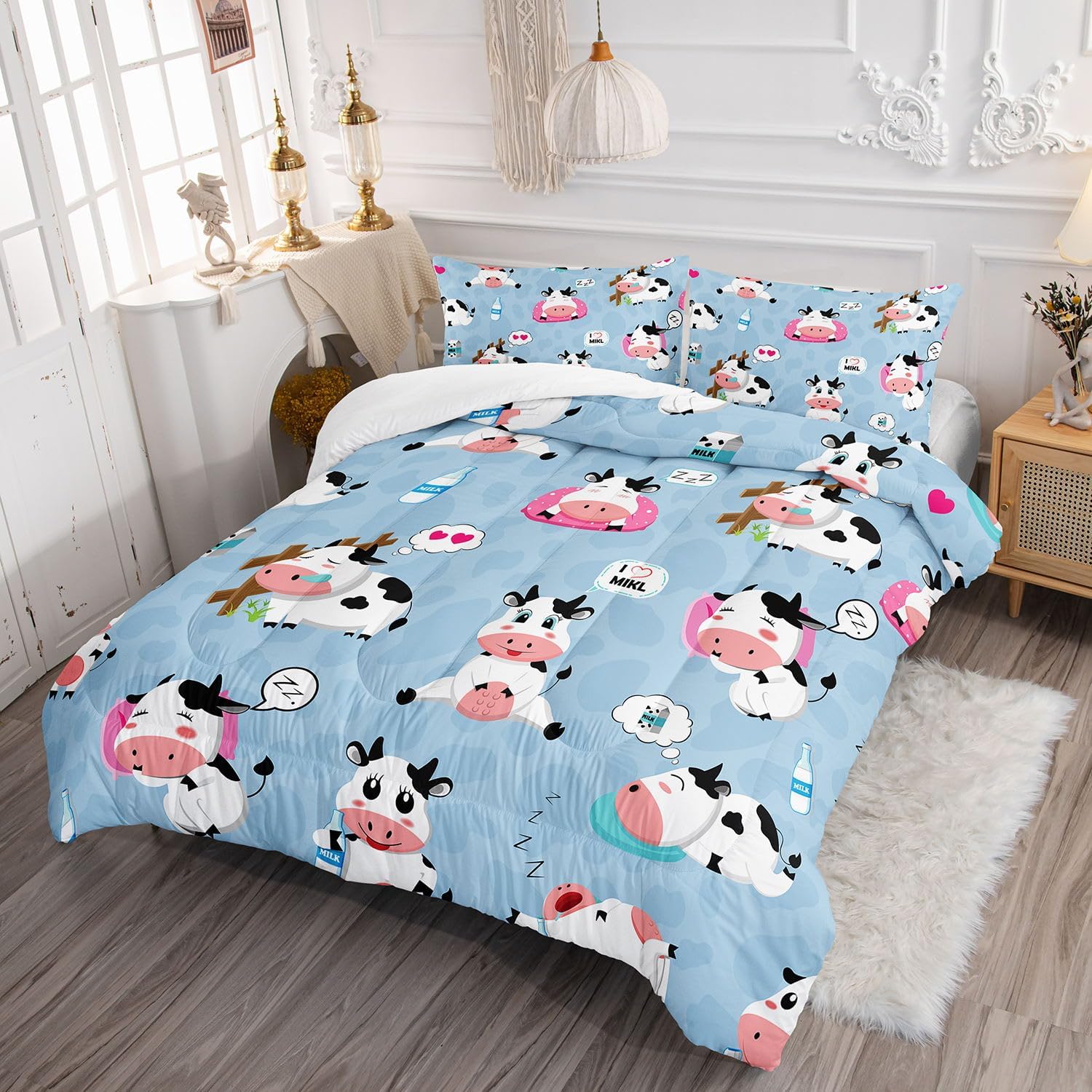 Kids Comforter Set Milk Cows Printed Pattern Bedding Set with 1 Comforter and 2 Pillowcases for Girls Boys Bedroom All Season(Milk Cows Full)