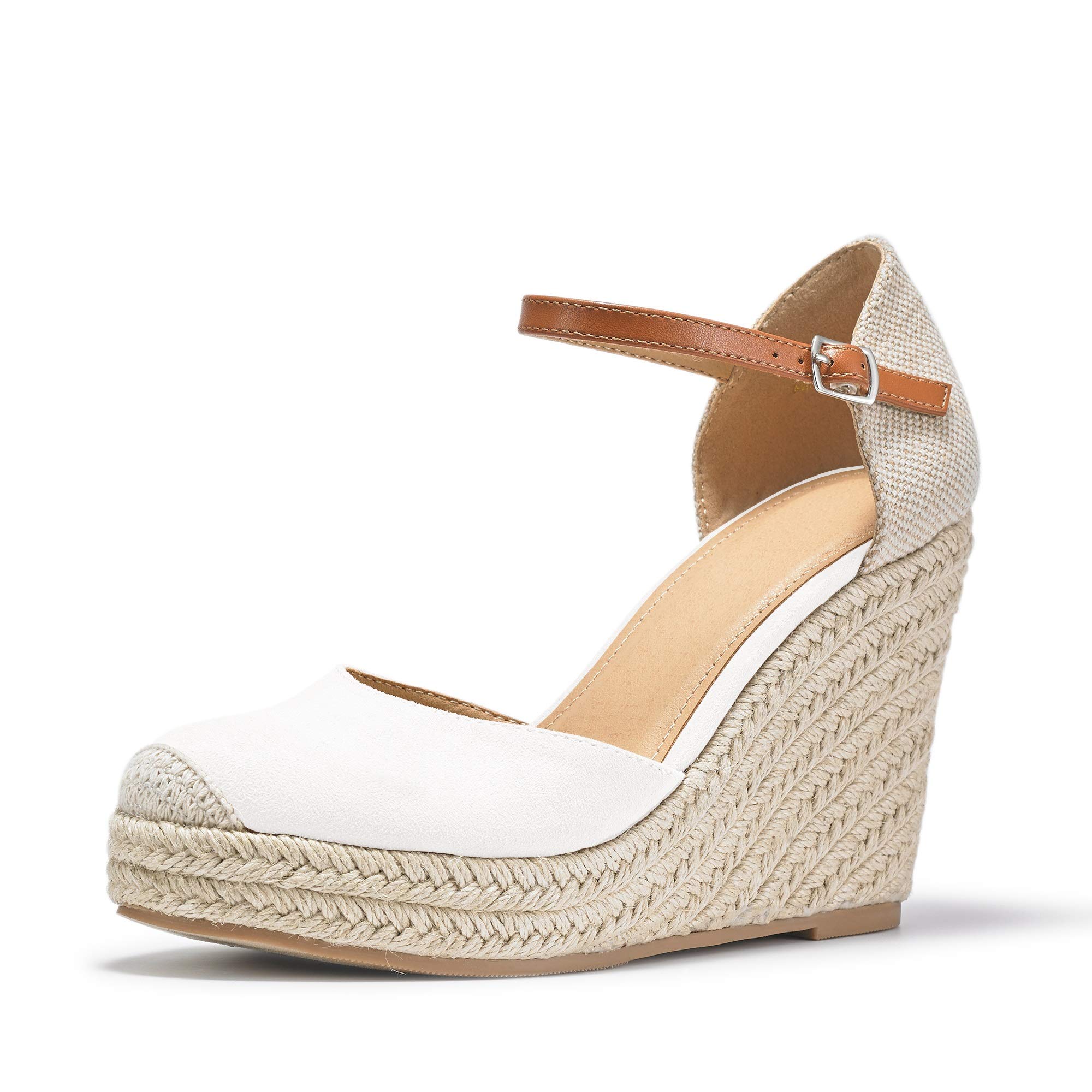 Womens Summer Espadrille Heel Platform Wedge Sandals Ankle Buckle Strap  Closed Toe Shoes, 1-white,