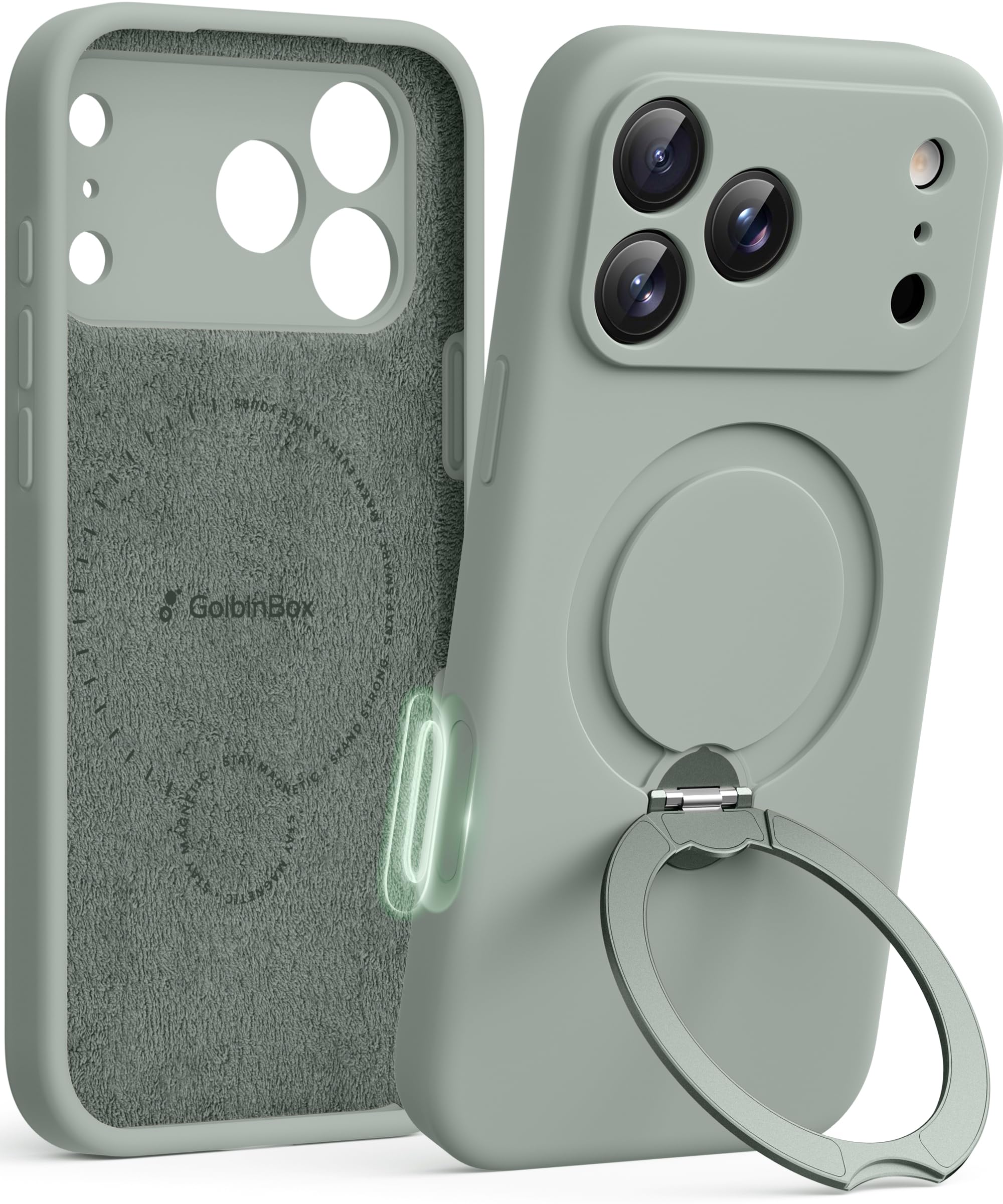 GOLBINBOX für iPhone 17 Pro Max Hülle mit 360° drehbarem Magnetständer, kompatibel mit MagSafe & Vollkameraschutz, stoßfeste Flüssigsilikon-Hülle mit Ringständer für iPhone 17 Pro Max 6,9'', Graugrün