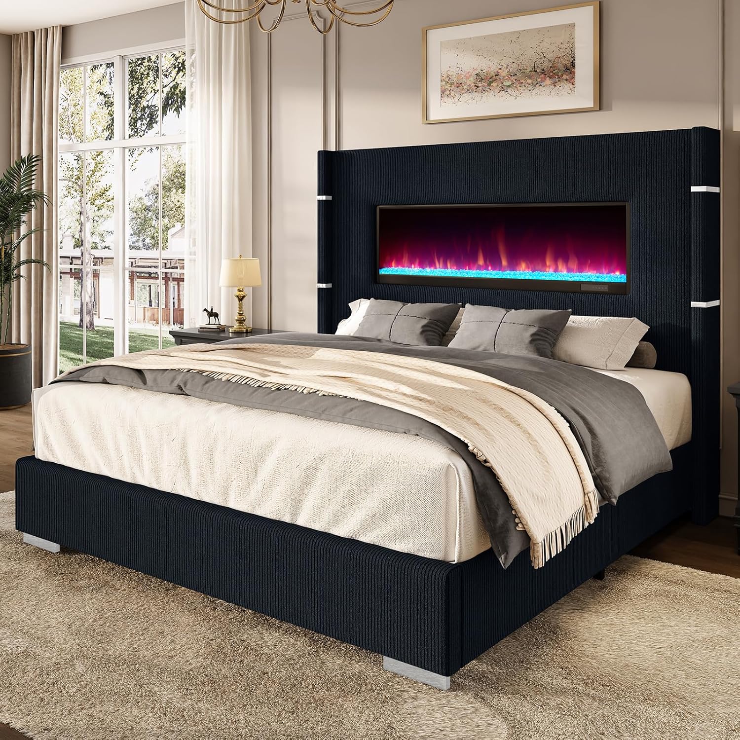 60.4" California King Size Upholstered Bed Frame with Heat-Free Fireplace, Luxury Corduroy Platform Bed with Extra Tall Wingback Headboard, Solid Wood Slats/No Box Spring Needed/Black