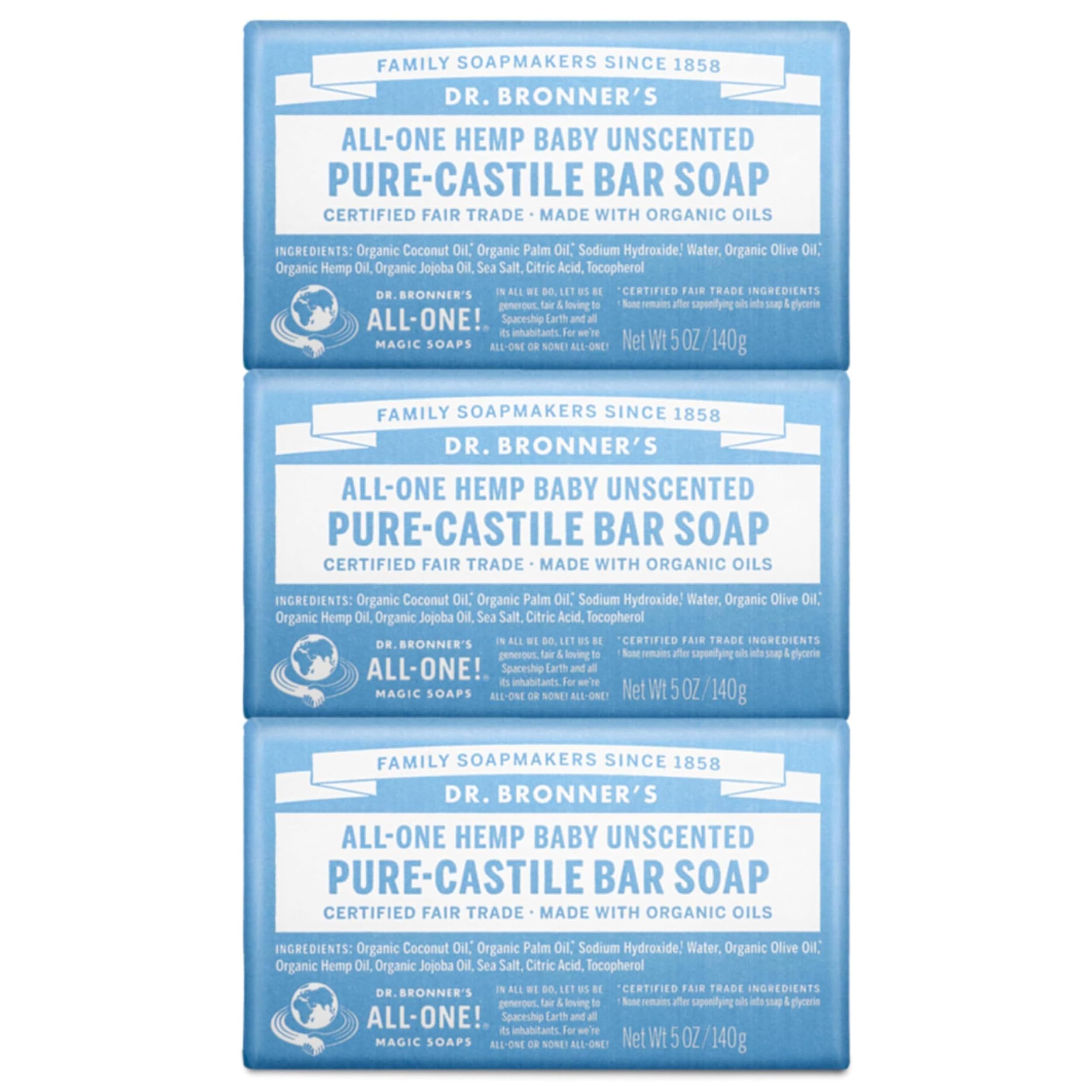 Dr Bronners - Pure-Castile Bar Soap Baby Unscented 5 ounce 3-pack - Made with Organic Oils For Face