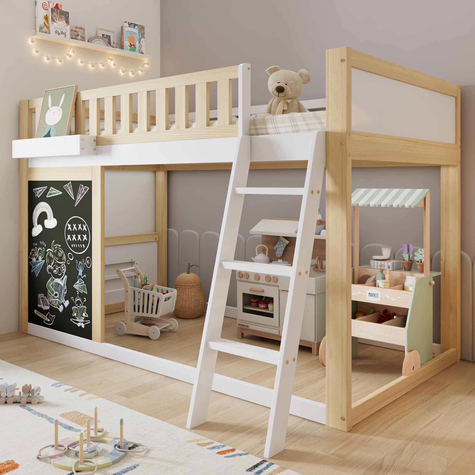 Cama alta infantil para dormitorios pequeños con zona de juegos y pizarra blanca