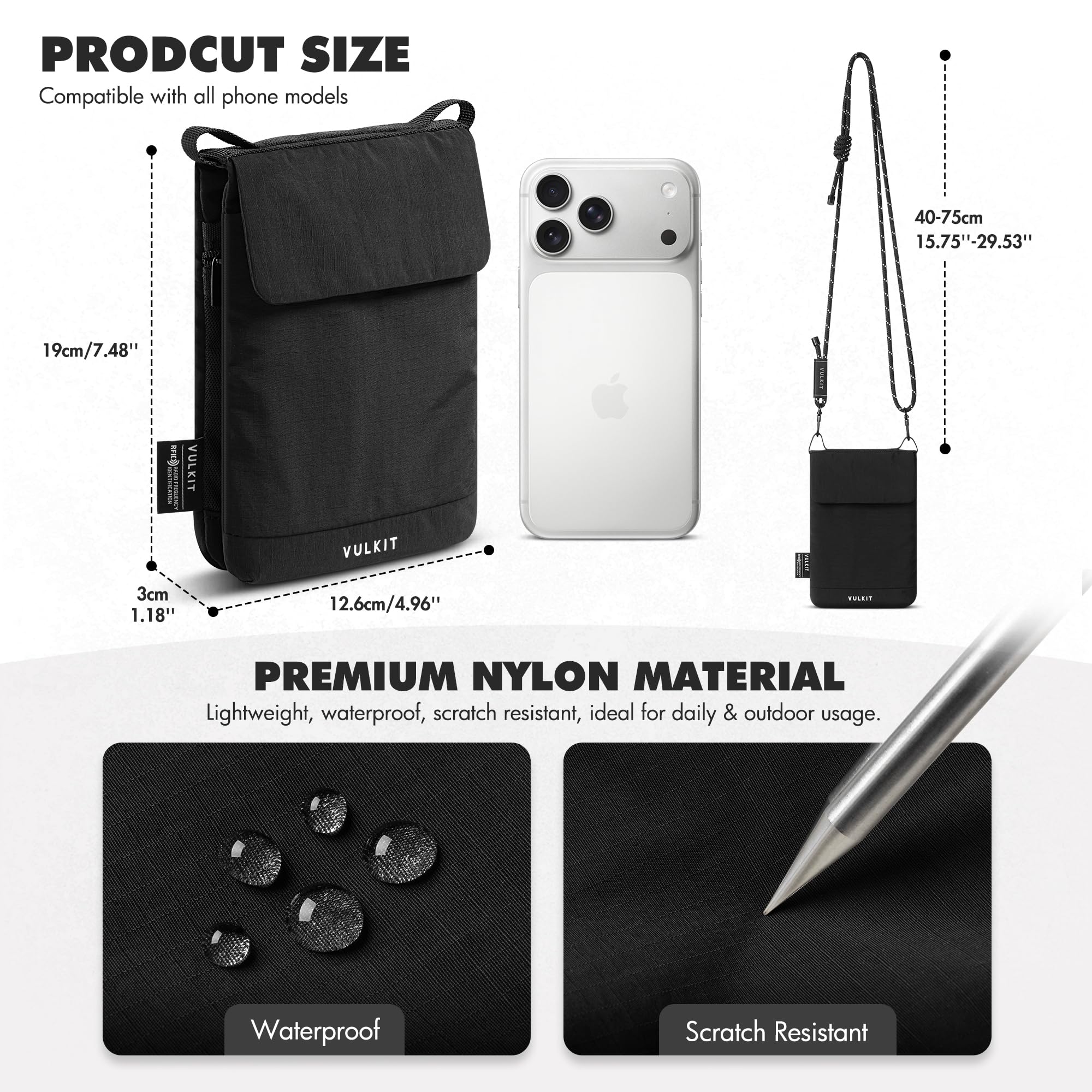 VULKIT Bolso bandolera multifuncional Ligero bolso para móvil en nylon Portapasaporte anti-RFID para hombres mujeres adolescentes Outdoor Viaje Casual Diario
