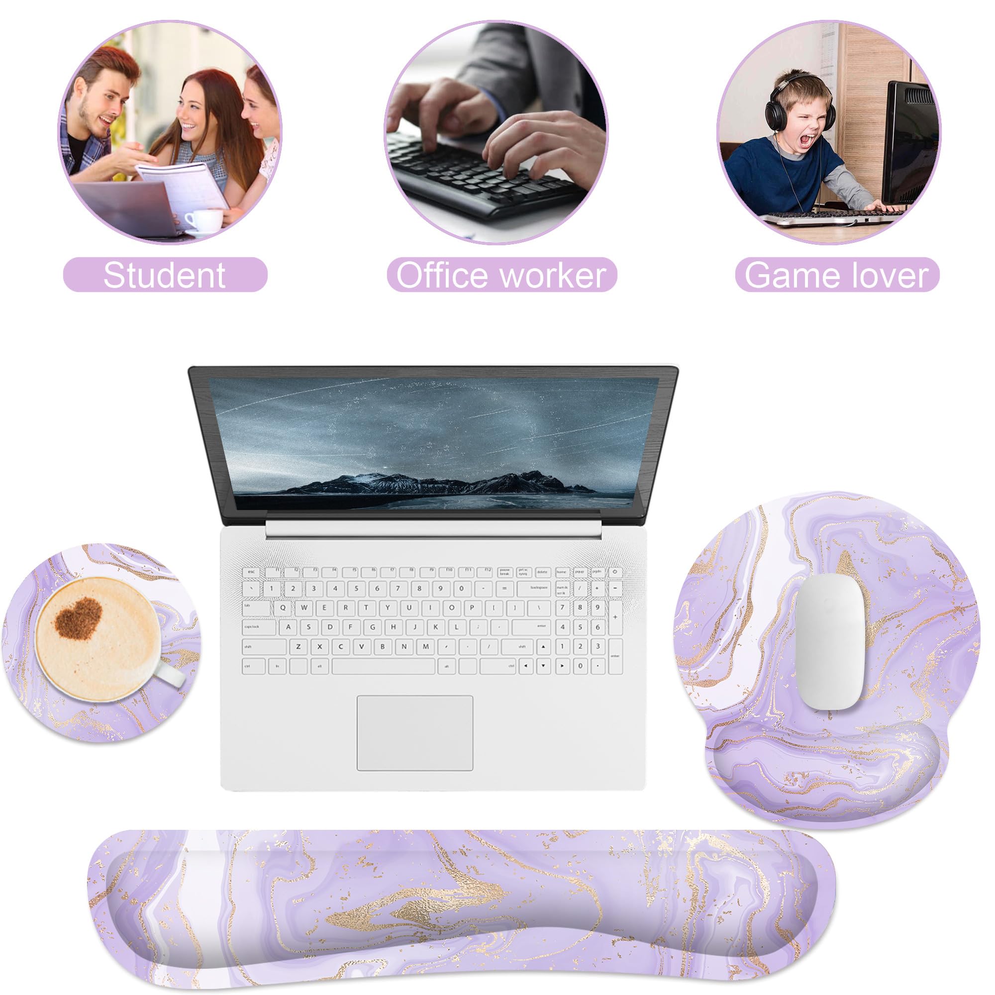 G JGOO Alfombrilla ergonómica para mouse y reposamuñecas para teclado, espuma viscoelástica, mármol morado