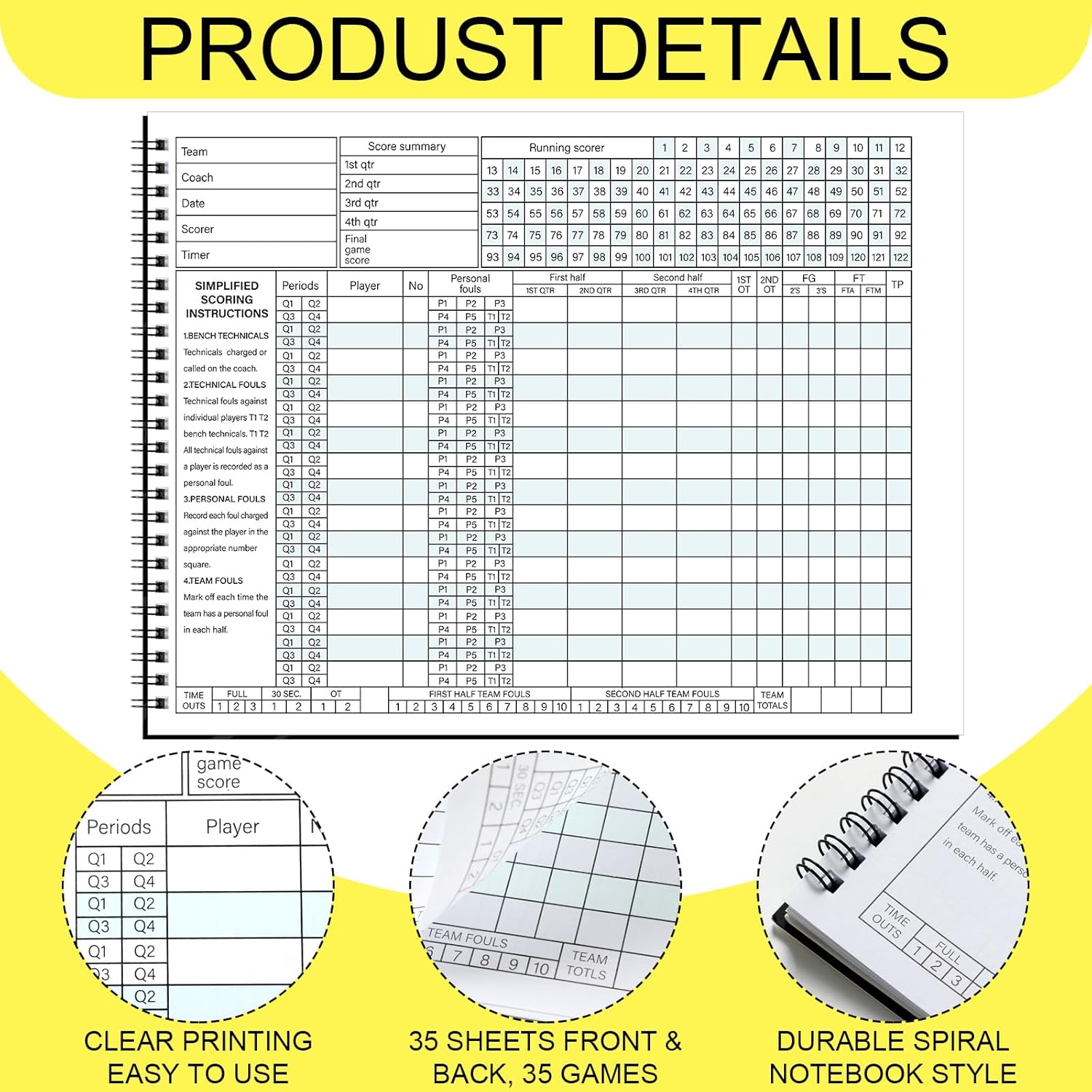 Qilery Basketball Scorebook 35 Games Basketball Stats Book Bulk Side by Side Scorekeeper Tracking League for Coaches, Scorekeepers, Adult, Youth