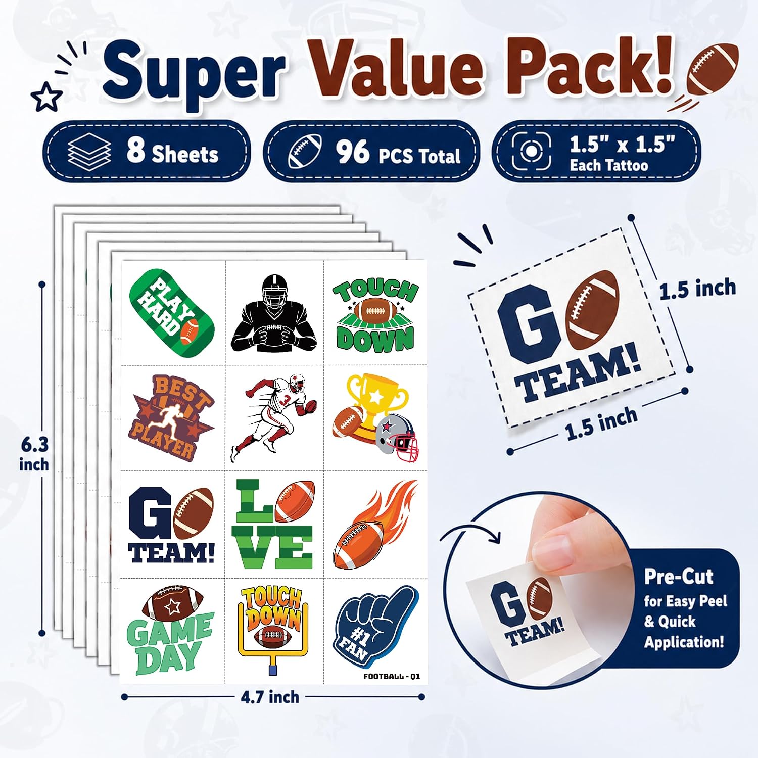 96 PCS Football Sports Pre-Cut Temporary Tattoos for Kids image 5