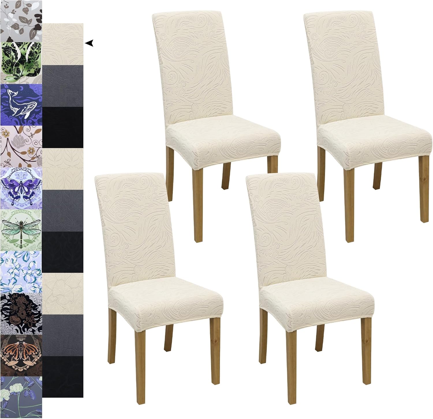Dining Chair Covers, Jacquard Stretch Kitchen Chair Covers, Dining Room Chair Cover Set of 4, Detachable Washable Chair Covers, Chair Slipcovers, for Home, Restaurant, Banquet (Sea Wave, Cream) 4 Sea Wave, Cream