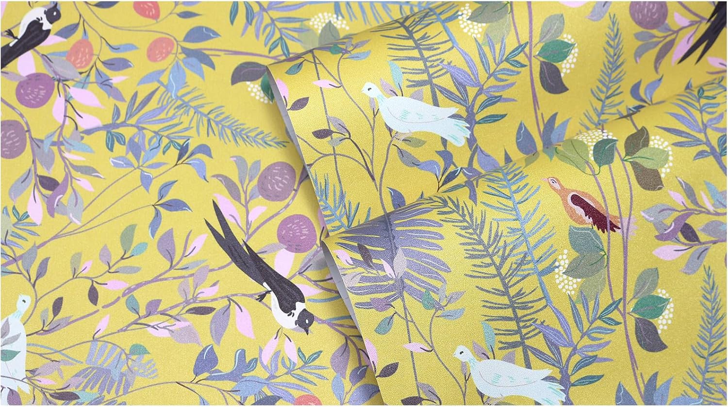 HAOKHOME Peel and Stick Wallpaper Yellow Botanical Bird Chinoiserie Vintage Wall Paper Self Adhesive Contact Paper for Accent Wall Shelf Liner 17.3in x 9.8ft