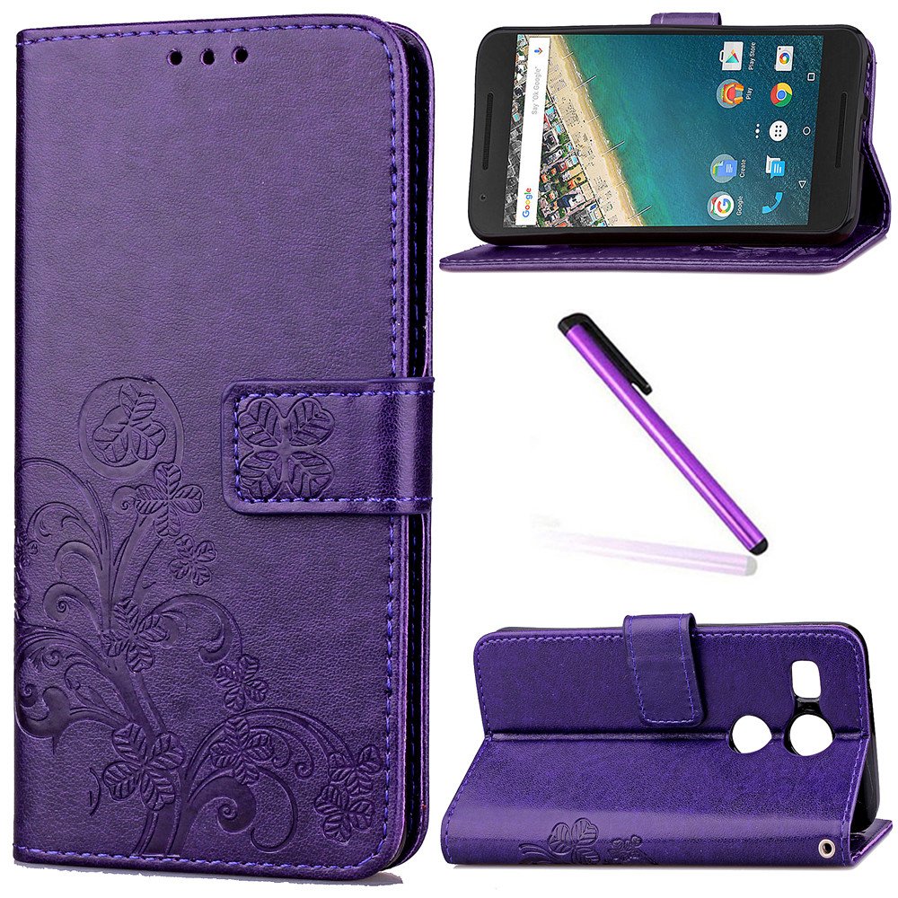LG Nexus 5X Case,Google Nexus 5X Case,LEECOCO Embossed Lucky Clover Floral Design with Card Slots Magnetic Flip Stand Shockproof PU Leather Wallet Case for LG Nexus 5X Clover Purple