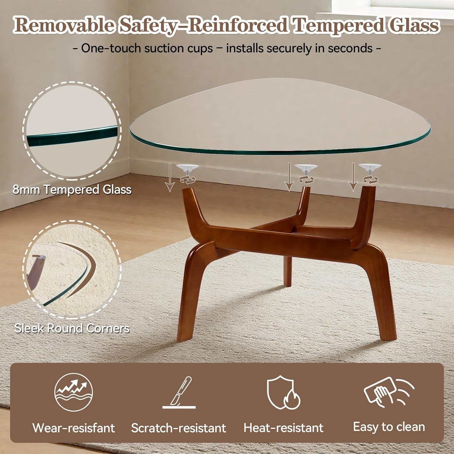 Glass Coffee Tables for Living Room, Triangle Coffee Table with Non-Tip Rubber Wood Base, Mid century Morden Table with Tempered Glass Top | Perfect for Homes with Kids/Pets, Office, Apartment